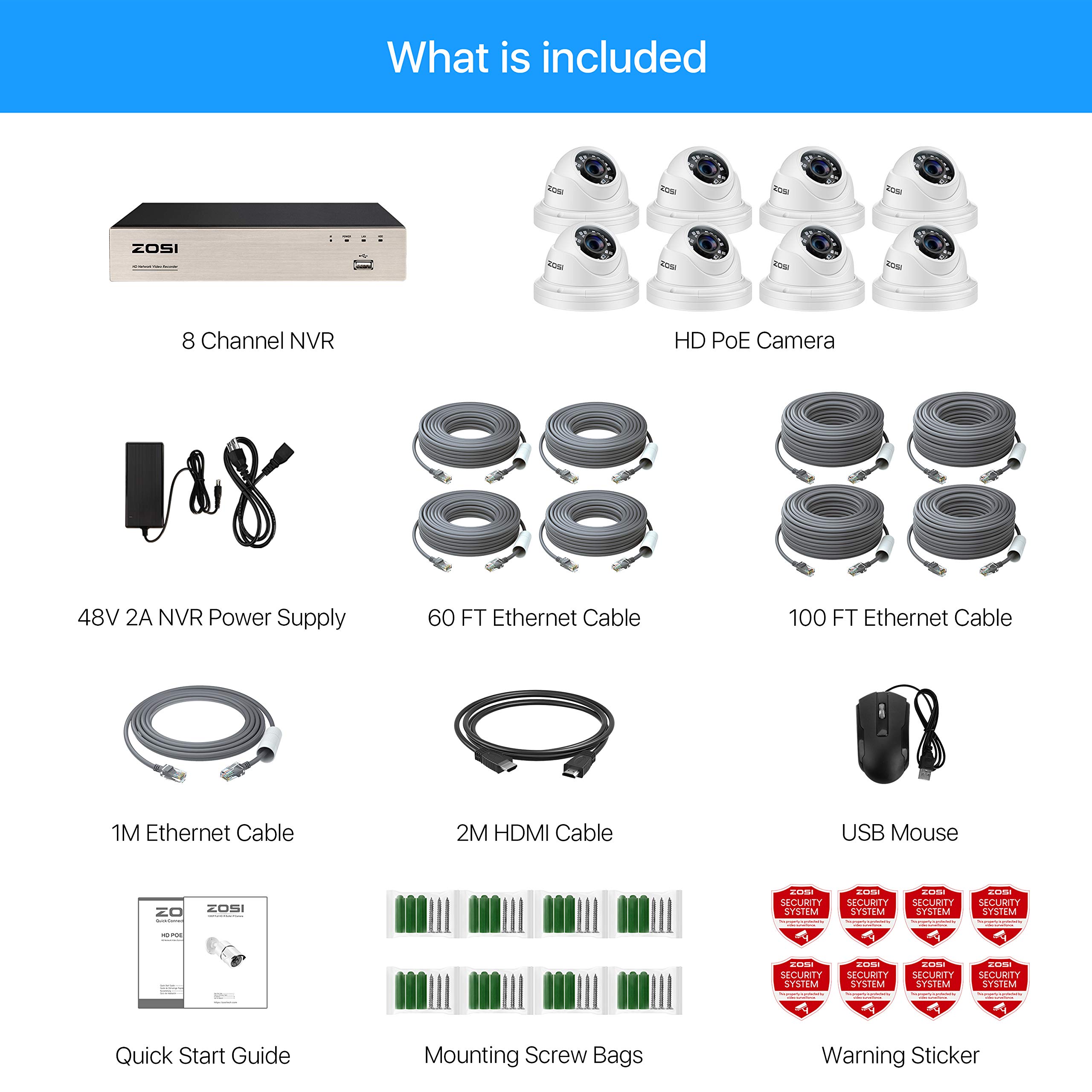 ZOSI H.265+ 8CH 5MP PoE Home Security Camera System with 2TB HDD, 5MP