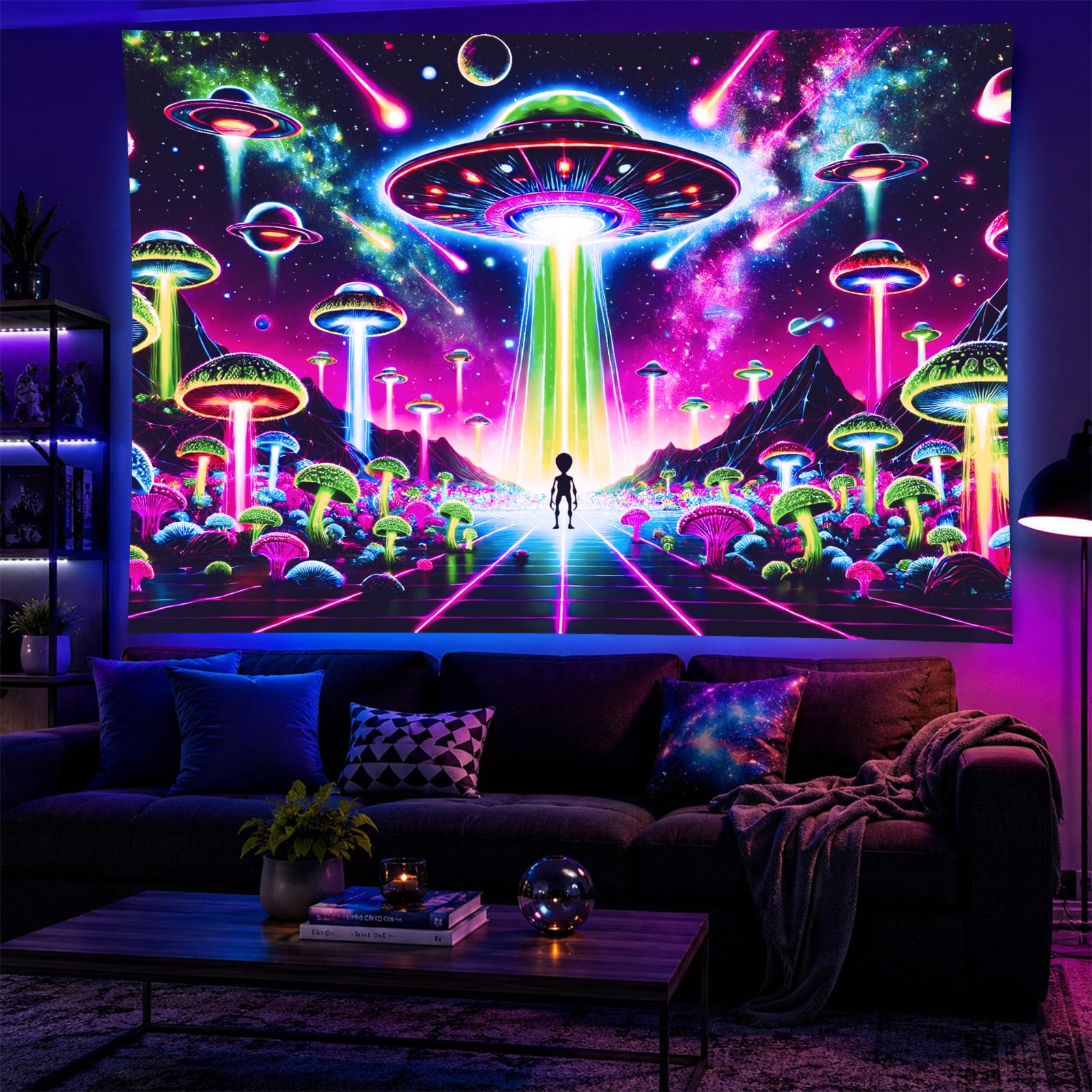 Blissyard Blacklight Ufo Space Glowing Tapestry Trippy Mushroom Ufo Space Tapestries 78X59 Inch Cool Alien Tapestry Uv Reactive Psychedelic Neon Galaxy Space Tapestry Wall Hanging Posters Bedroom Living Room Dorm Decor