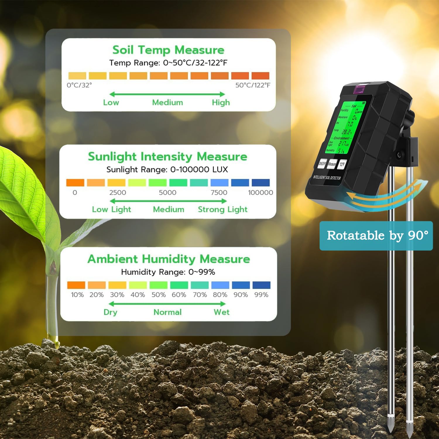 Testeur d'humidité du Sol，Testeur Sol 6 en 1，Hygrometre Plante avec pH Humidité Fertilité du Sol Lumière du Soleil Détection de Température Testeur Humidité Plante， Adapté au Jardinage et Aux Plantes