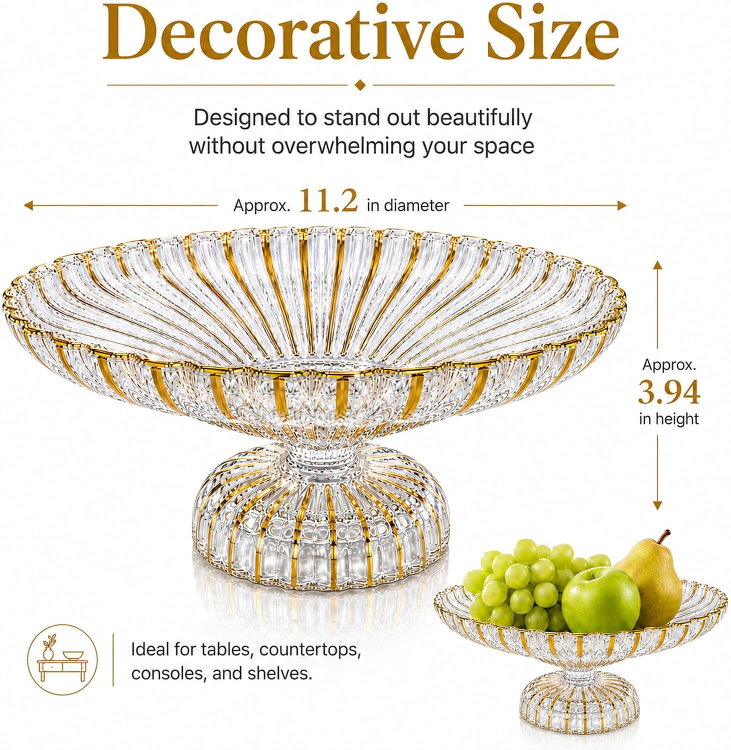 Gold Large Decorative Bowl 12'' Hand-painted Ruffle Decorative Bowl Glass Fruit Bowls Crystal Key Bowls Modern for Counter Home Decoration Table Centerpiece Kitchen Dining Room (Pedestal)