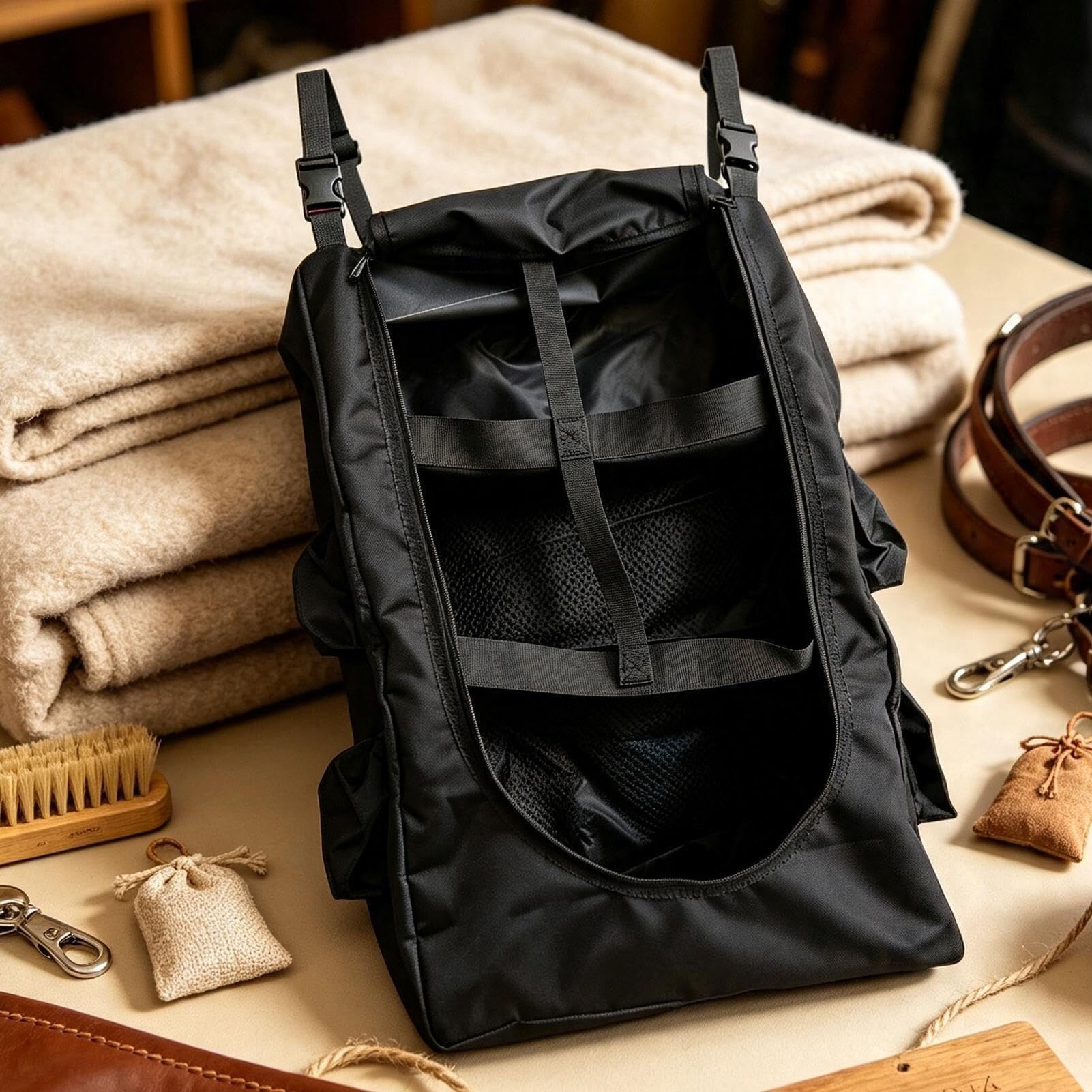Borsa per spazzolini da cavallo con tasche multiple | Tessuto Oxford impermeabile e resistente. Ampi scomparti per coperte, testiere e montatura.