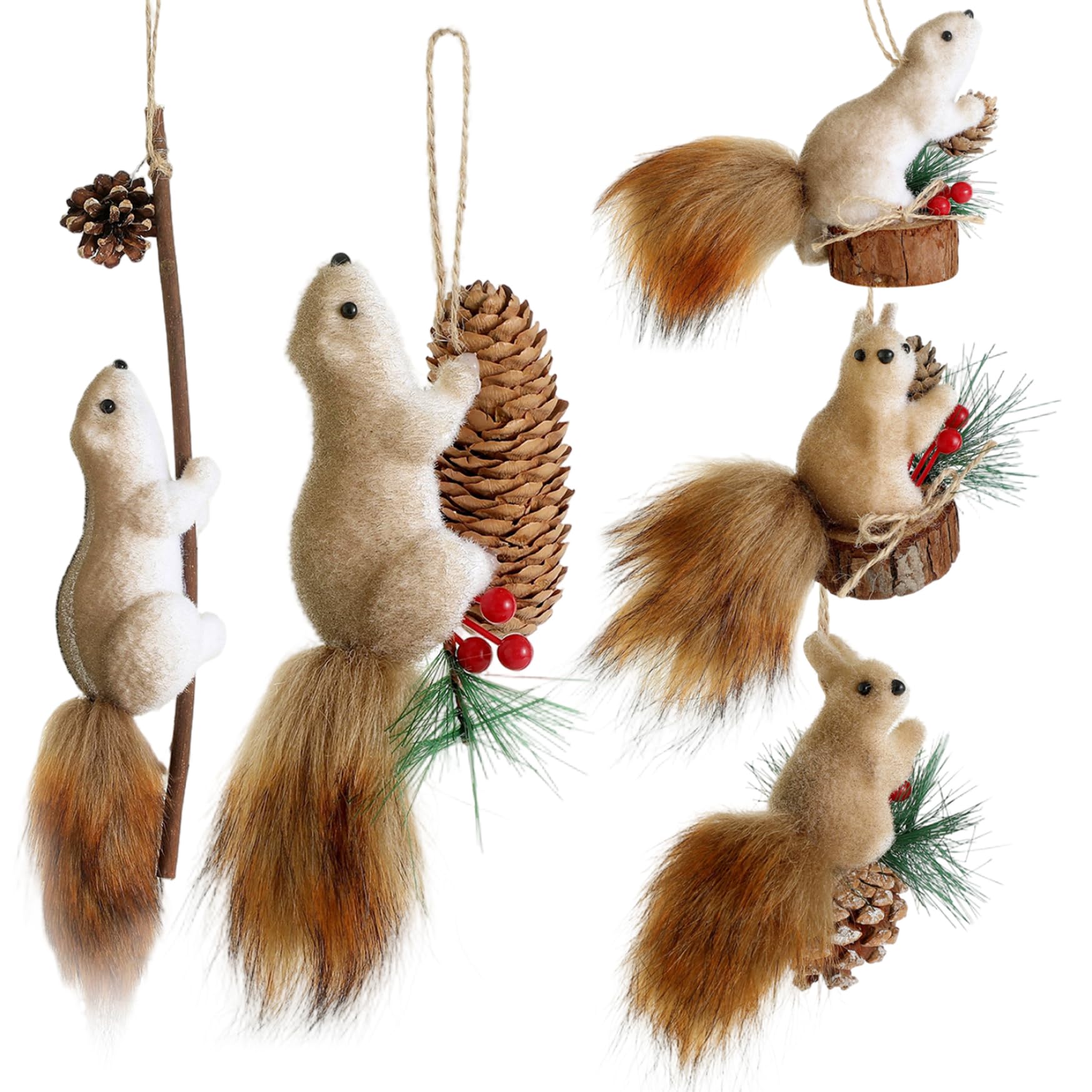 Décoration Noël écureuils en fourrure lot de 5 figurines à suspendre