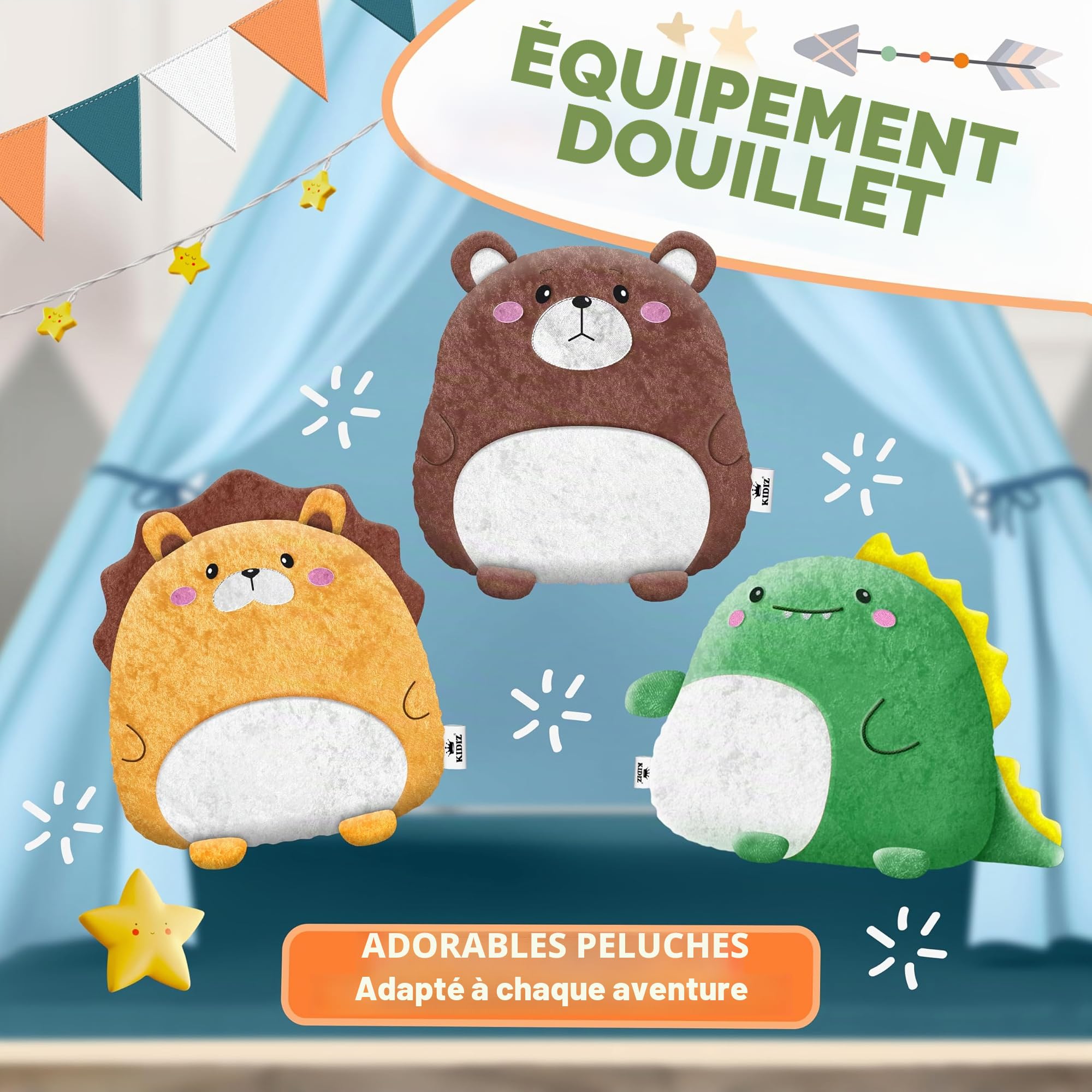 KIDIZ® Tente de jeu pour enfant 100 x 100 x 160 cm en coton avec guirlande LED, étoiles lumineuses, guirlande de drapeaux, 3 animaux en peluche, tapis et sac de transport