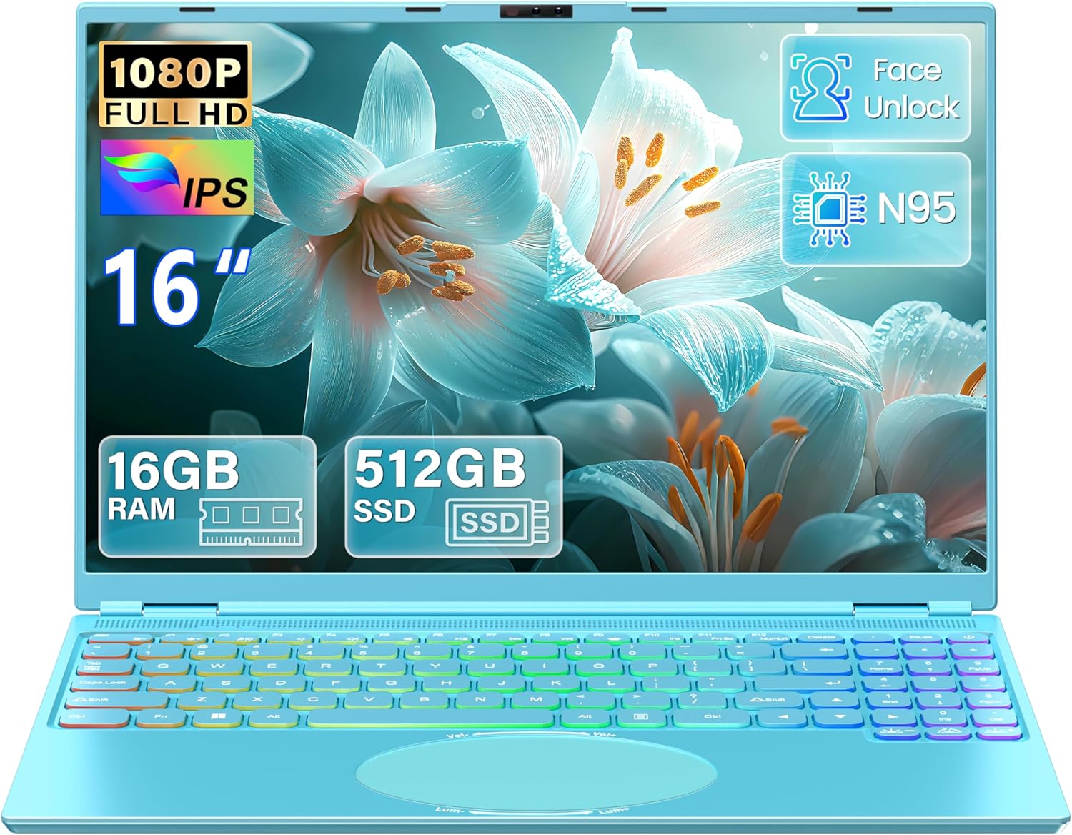 16 Inch FHD Laptop Green 512GB SSD 16GB DDR4 RAM Quad-Core N95 Processor up to 3.4 GHz Beat N5095 N4120 Face Unlock Colour Keyboard HDMI USB 3.0 Type-C WLAN 5000 mAh Notebook Computer