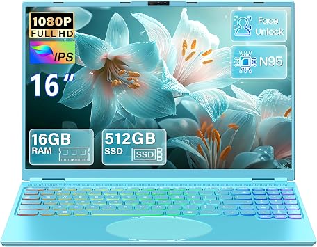 2026 16 Inch Laptop Green, 512GB SSD, 16GB DDR4 RAM, Quad-Core N95 CPU