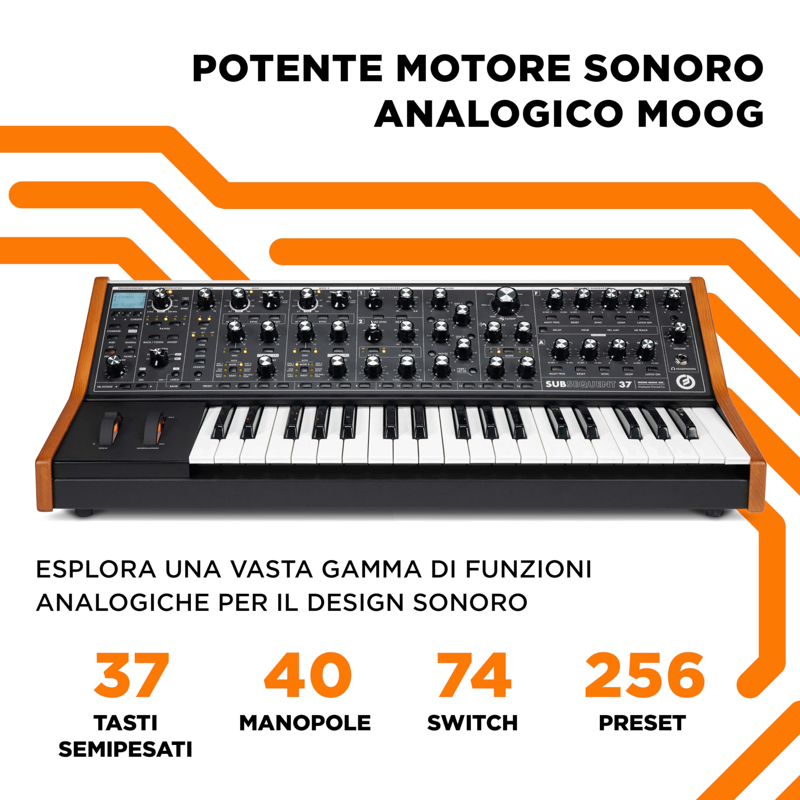 MOOG Subsequent 37 - Synth Parafonico Analogico, Tastiera MIDI con 37 Tasti Semipesati, Amp per Cuffie, 256 Preset, Schermo ed Editor Software
