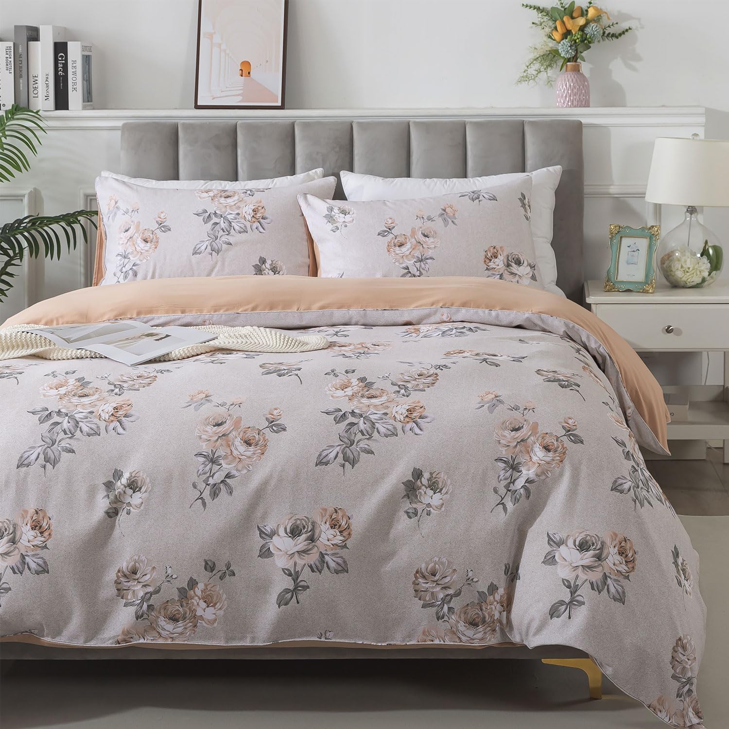 FADFAY 100% Brushed Cotton Queen Size Duvet Cover Set Vintage Luxury Rose Floral Patterned Comforter Cover Country Bedding for All Season Soft Reversible Bed Cover with Zipper 3Pcs