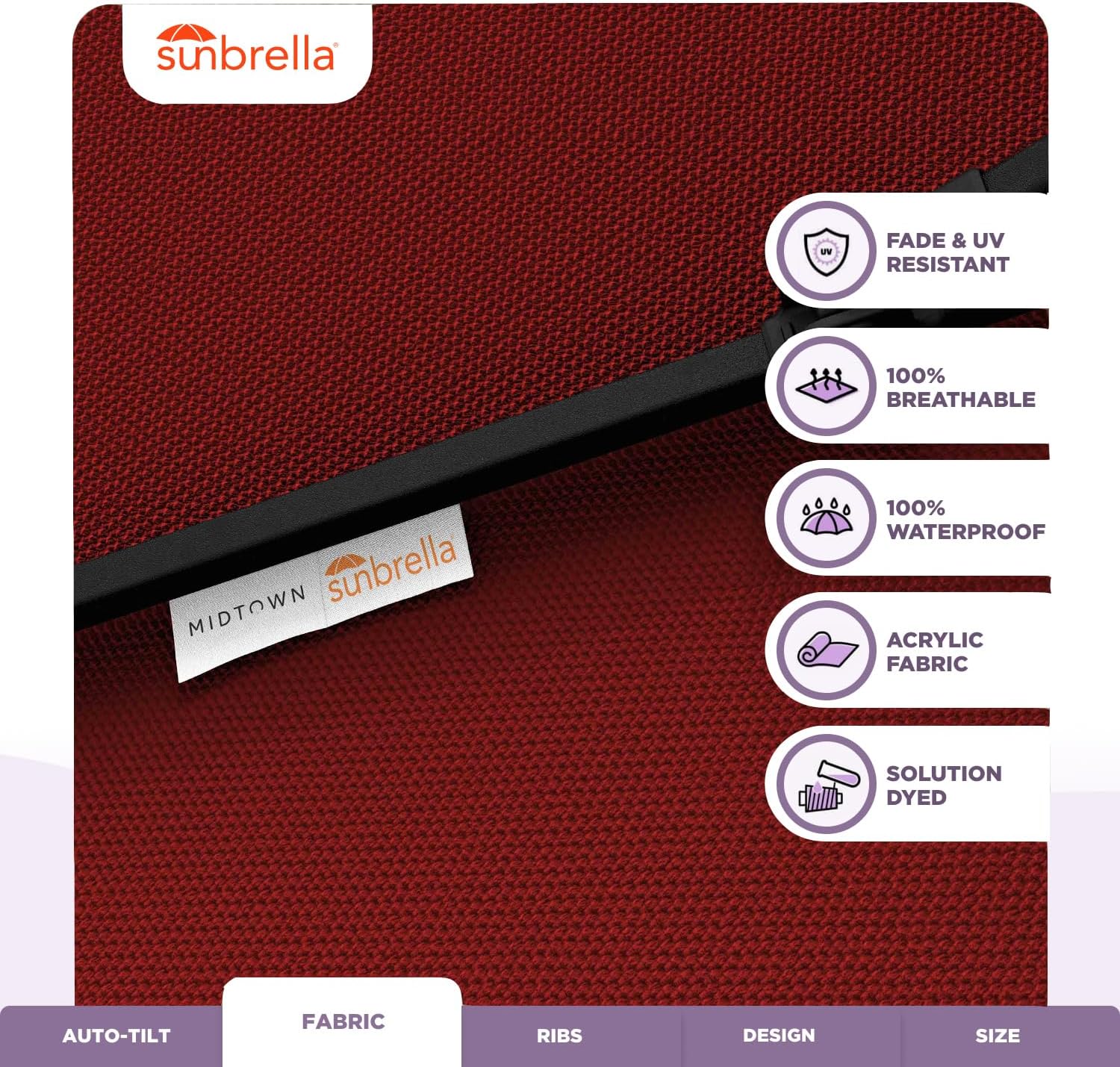 Midtown Umbrellas - The Lean 9 Ft Patio Umbrella with Fade-Resistant Sunbrella Fabric, Auto-Tilt Aluminum Frame and 8 Reinforced Ribs for Deck, Pool & Garden - Red Canopy, Black Pole