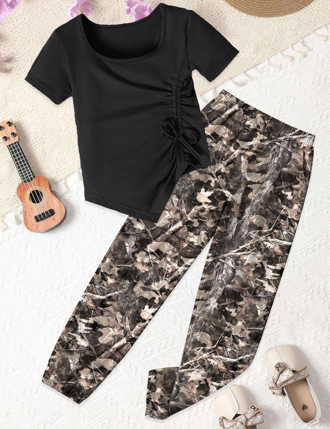 Girls Clothes Irregular Ruched Drawstring Short Sleeve Top and Girls Camouflage Pants 2Pcs Summer Girls Clothes - Image 5