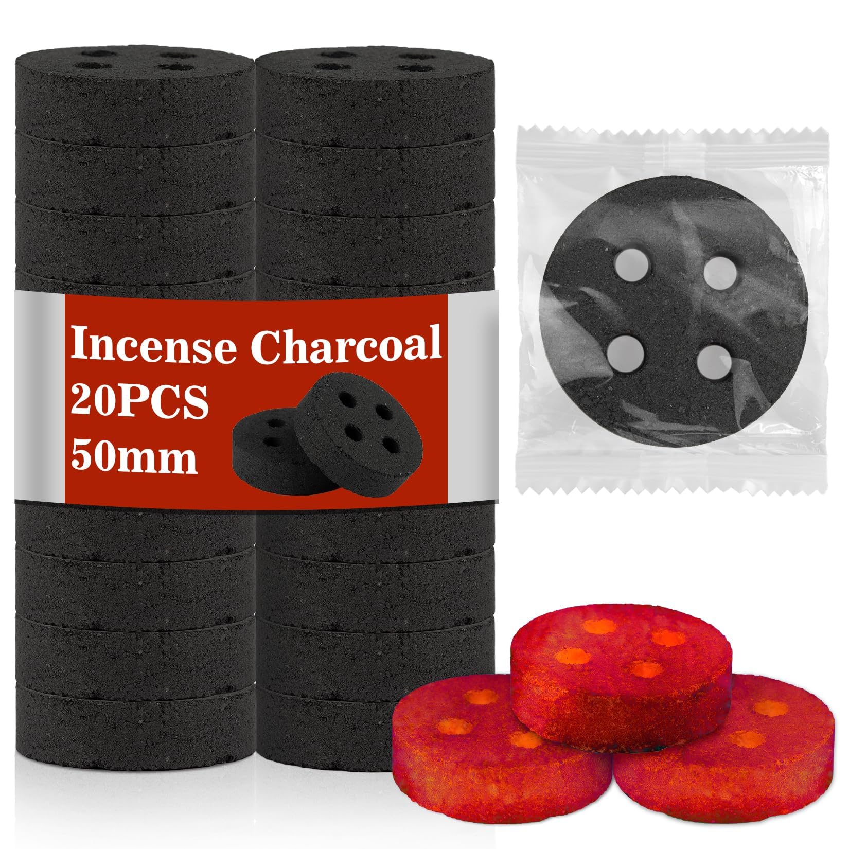 MAQIHAN 50MM Incense Charcoal Briquettes - 20PCS Charcoal Tablets Incense Burner Charcoal Burning Discs Resin Burner Grilling Quick