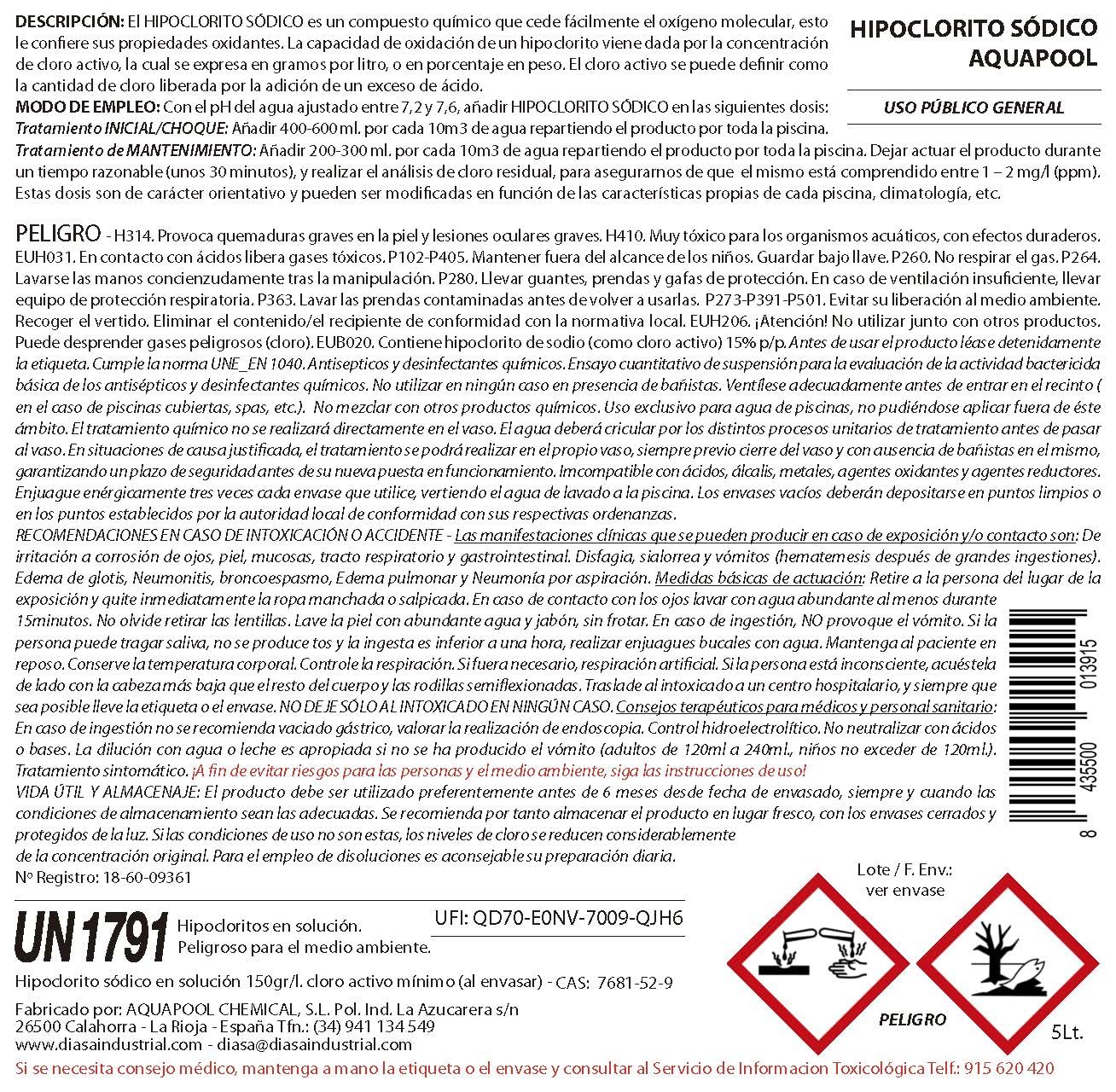 Cloro Choque Líquido Clarificante HIPOCLORITO SÓDICO al 15% AQUAPOOL 6 KG 5 litros - Cloro Acción rápida - Súperclarificante - Recuperador Aguas difíciles - Apto Liner — view 3