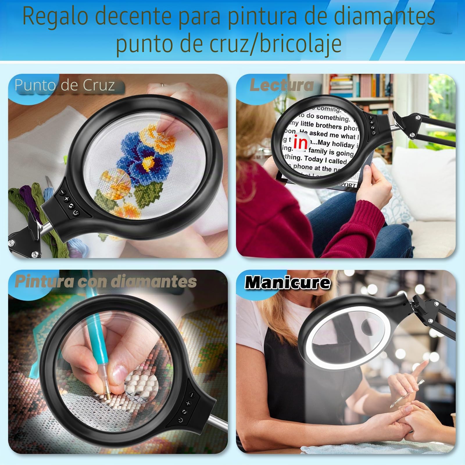NZQXJXZ 30X 10X Lupa con Luz y Soporte, 2 en 1 Lámpara de Aumento de Piso | con 36 LED de Brillo Ajustable, 3 Modos de Color, Lupa Iluminada para Trabajos de Cerca, Costura, Manualidades, Pasatiempos