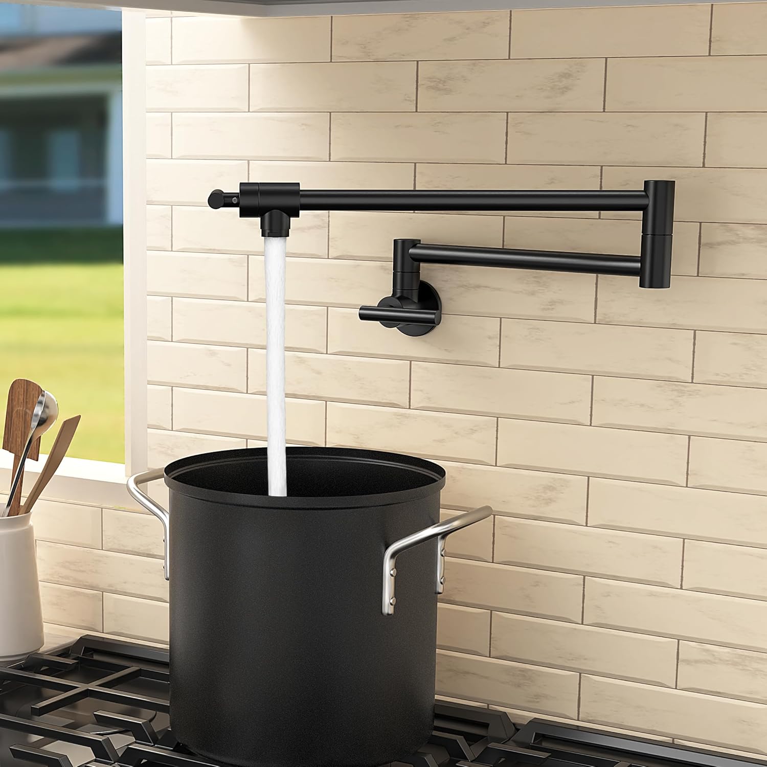 KES Pot Filler Faucet with Heat-Resistant Cartridge, 26" Black Pot Filler Over Stove, Wall Mount Kitchen Folding Faucet 360°Swing Arm, No Lead Stainless Steel, NSF Certified, KN927LFF18-BK