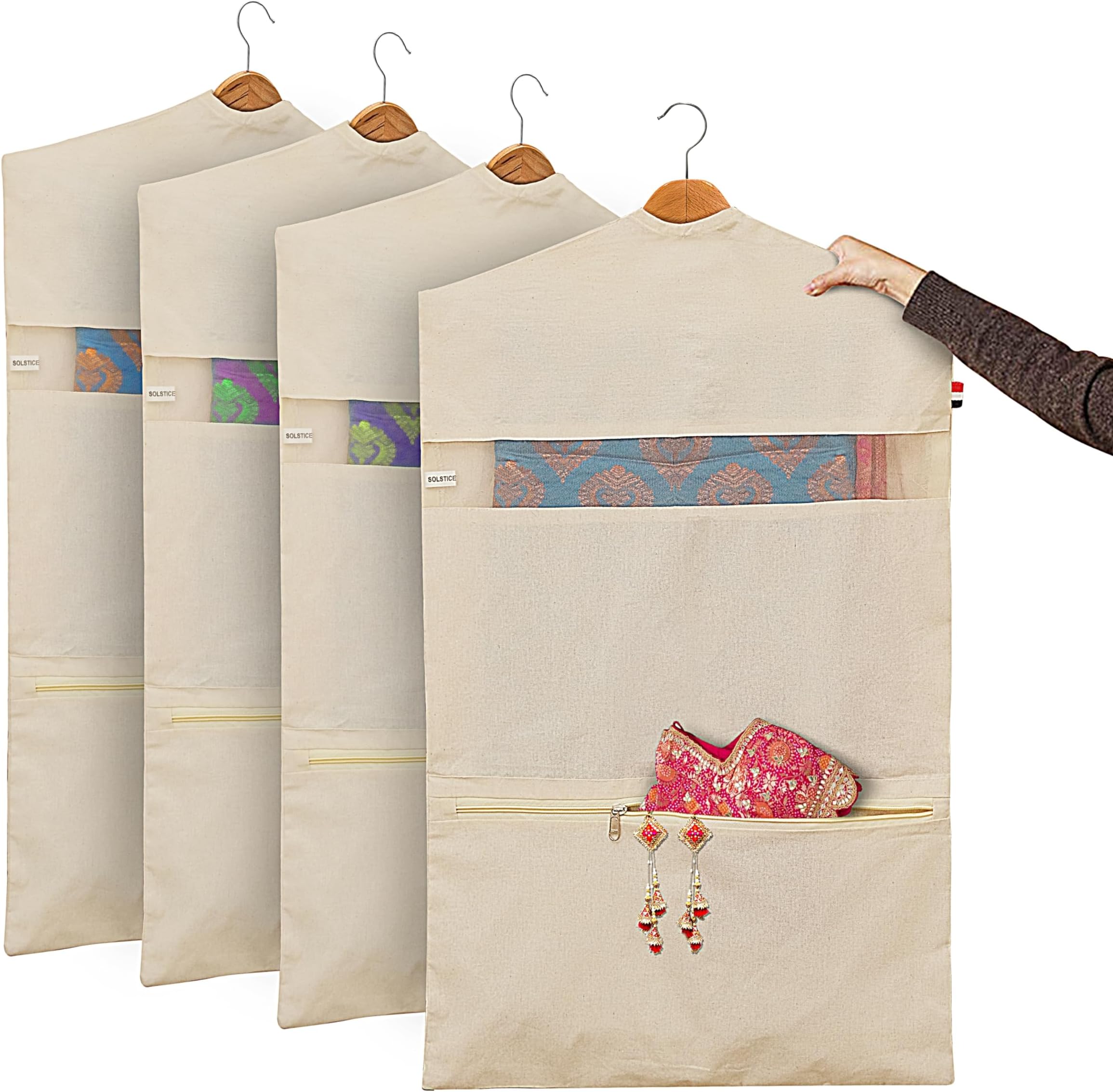 SOLSTICE Hangende katoenen saree hoezen/tassen (set van 6) van 28 x 18 (inch) voor kleding opslag, kledingkast organizer (hangers zijn NIET inbegrepen