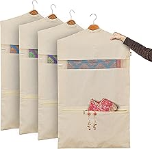 SOLSTICE Hanging Cotton Saree Covers/Bags Of 30 X 18 (Inches) For Clothes Storage, Wardrobe Organizer (Hangers Are Not Included, Double Pocket - Pack 4Off White)