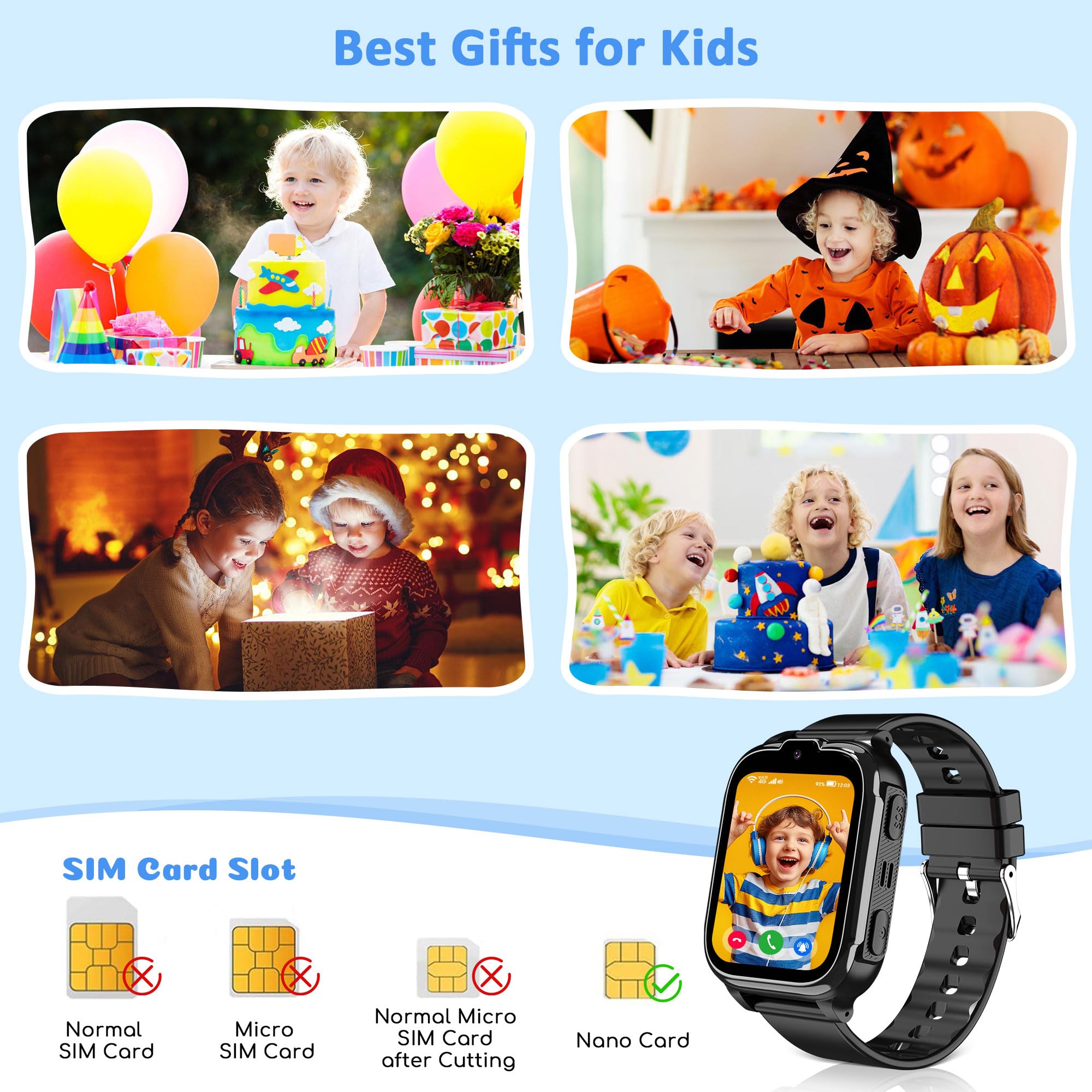 4G Reloj Inteligente Niño con GPS y Llamadas, IP68 Impermeable Smartwatch Niños Teléfono Llamadas Videollamada SOS Chat SMS Juego Despertador Modo Clase Localizador, Reloj GPS Niños Estudiante Regalo
