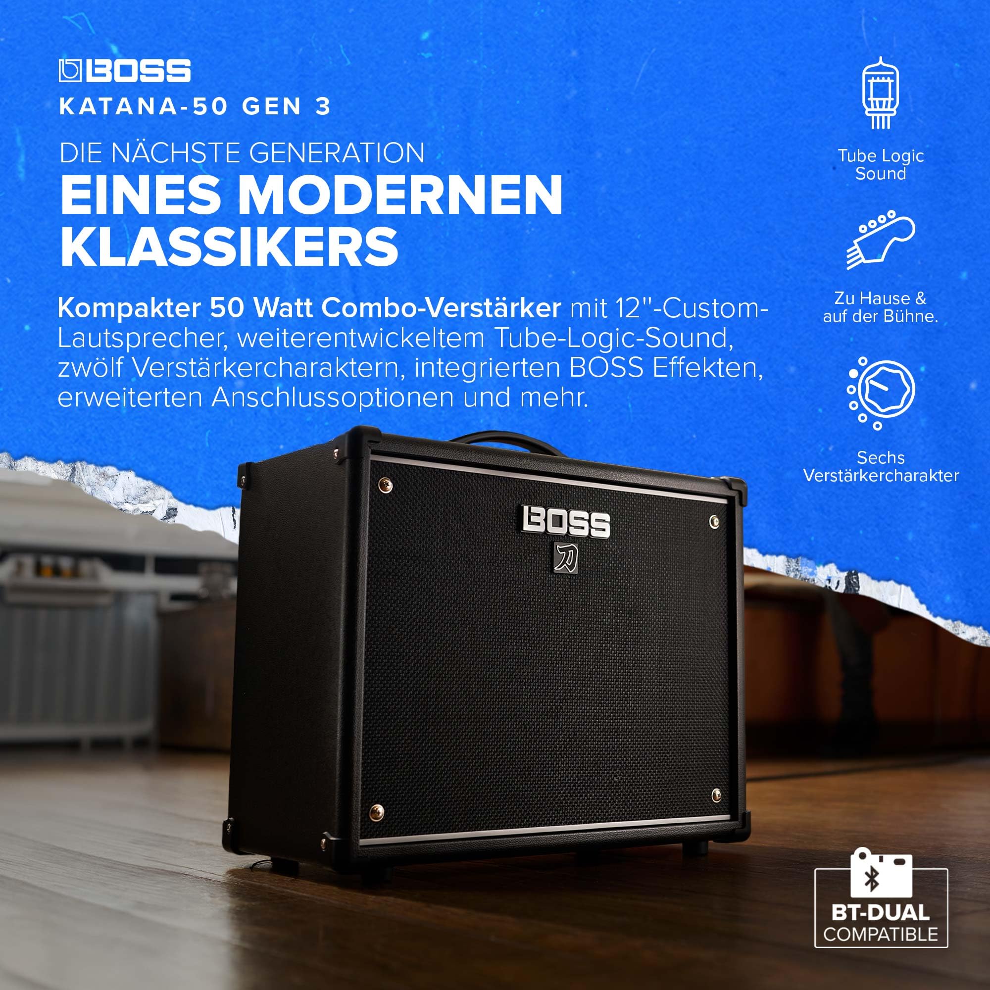 BOSS Katana-50 Gen 3 Gitarrenverstärker, Kompakter 50 Watt Combo-Verstärker, 12‘‘-Custom-Lautsprecher, Weiterentwickelter Tube-Logic-Sound, 12 Verstärkercharakter, Integrierte Effekte