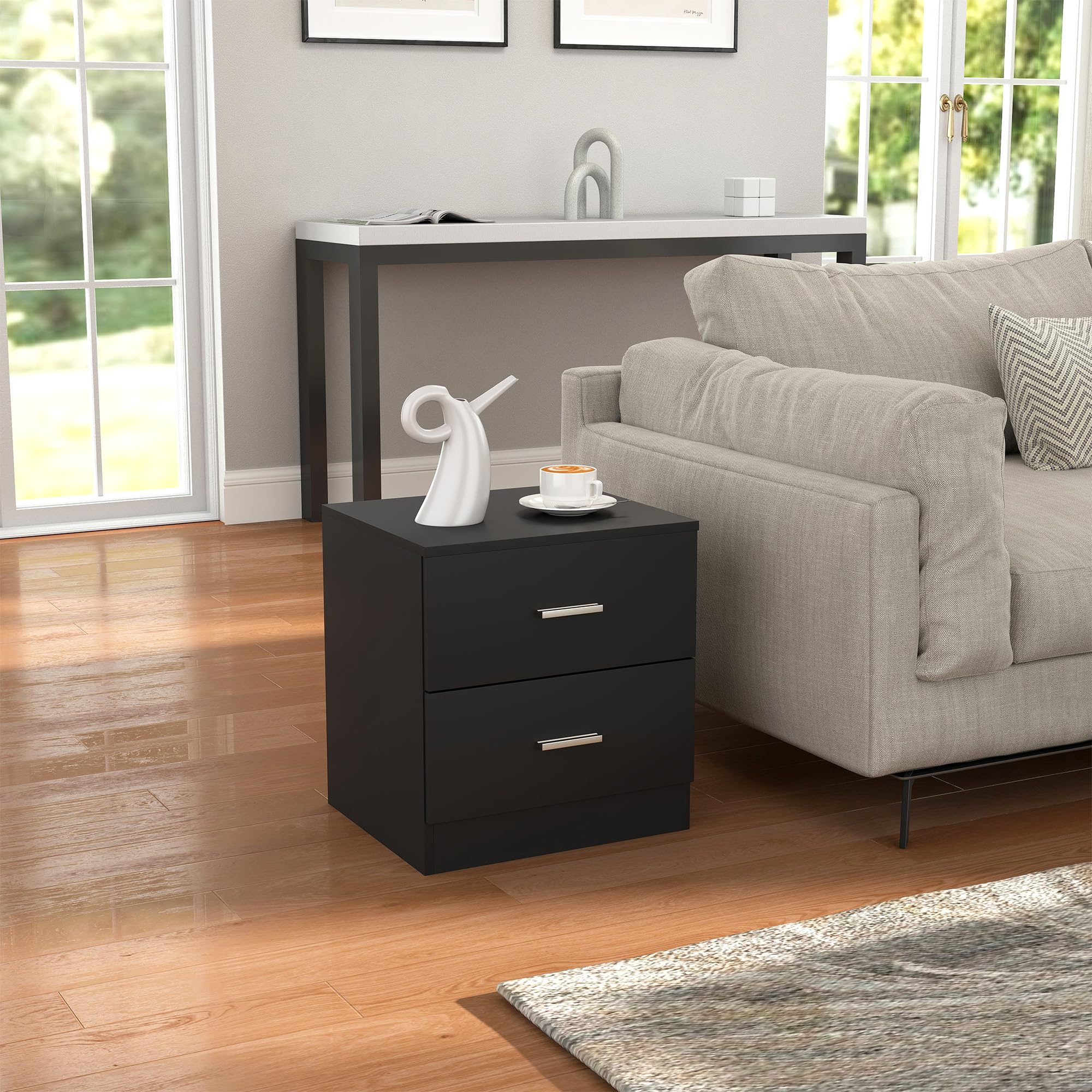 HOMCOM Mesita de Noche Moderna, Mesilla de Noche Dormitorio con 2 Cajones, Mesita Auxiliar para Salón, Dormitorio, Vestuario, 45x39,5x49 cm, Negro