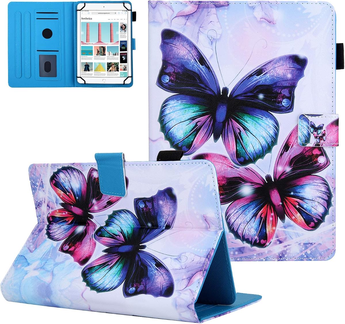 Dteck Slim Fold Stand Wallet Case for Samsung Galaxy/Onn/Lenovo/Dragon Touch/Vankyo MatrixPad/LG G Pad/Huawei/Android Tablet 9.6 9.7 10 10.1 10.2 10.3 10.4 10.5 Inch, Purple Butterflies