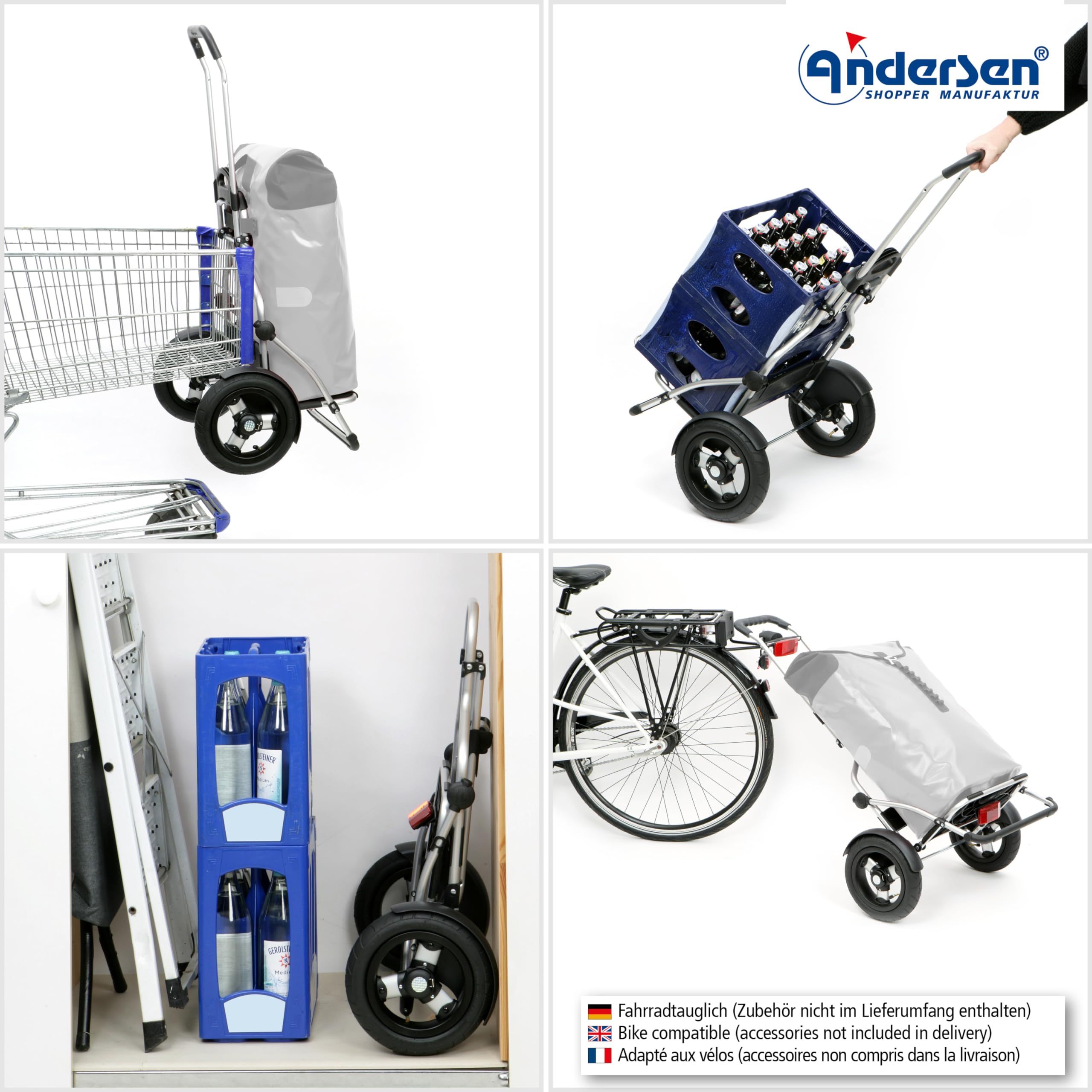 ANDERSEN Einkaufstrolley - Royal Sh. Plus Lasse blau | Fahrradanhänger, Luftbereifung, aus Alu, bis 50 kg - Tasche großes Volumen, Innenfach, Reflektoren, 59 L