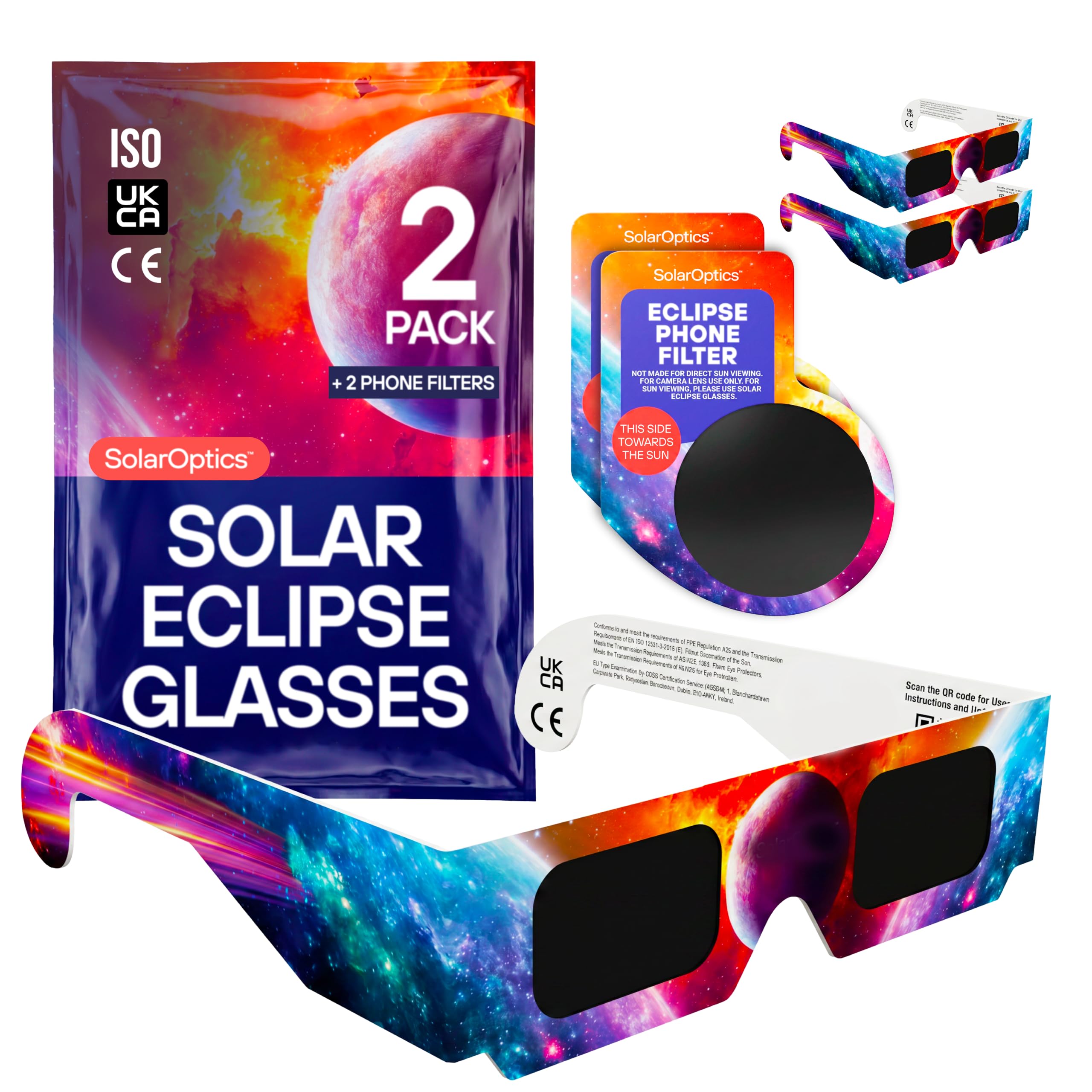 Solar Eclipse Glasses 2 Pack with 2 Phone Filters – ISO 12312-2 & CE Certified Sun Viewing Glasses + Smartphone Filters, Eclipse 2026 Kit