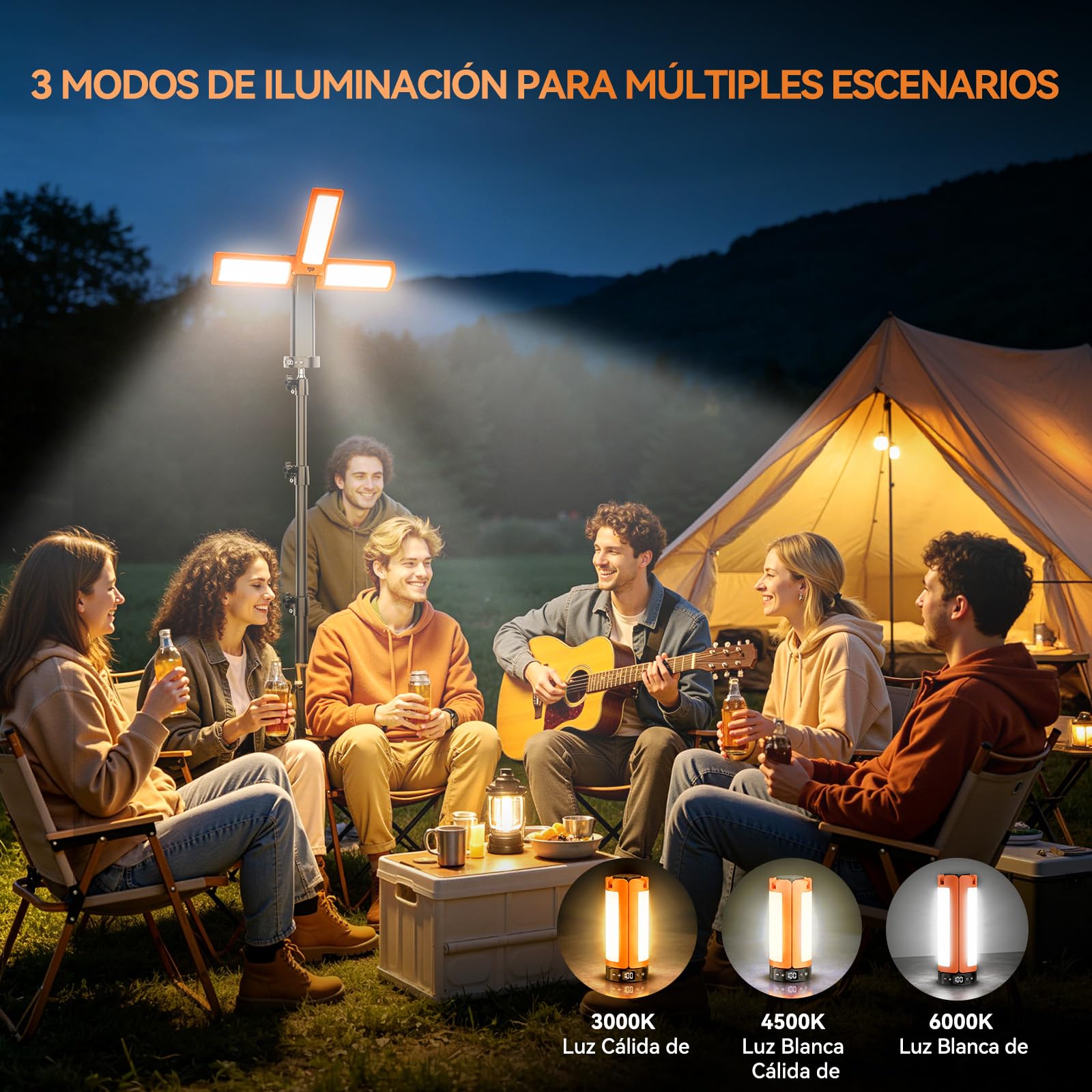 Lámpara de Camping Recargable con Trípode, 12000 mAh, 3 Colores de Luz, Trabajo LED Regulable de 6000 lm con Gancho Magnético y SOS, IP65, Adecuada para Talleres, Obras de Construcción y Emergencias.
