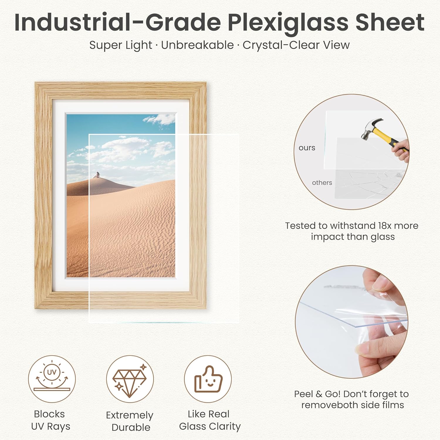 Dreamland 9x12 Picture Frame with Mat for 6x8, USA-Sourced Natural Oak Wood Photo Frames with Resistant Plexiglass, 9 x 12 Wooden Gallery Wall Frames for Art, Wall or Tabletop Display - Image 7