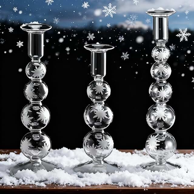 Bokon 3 Pcs Snowflake Winte Glass Candlestick Holders Snowflake Glass Cl...