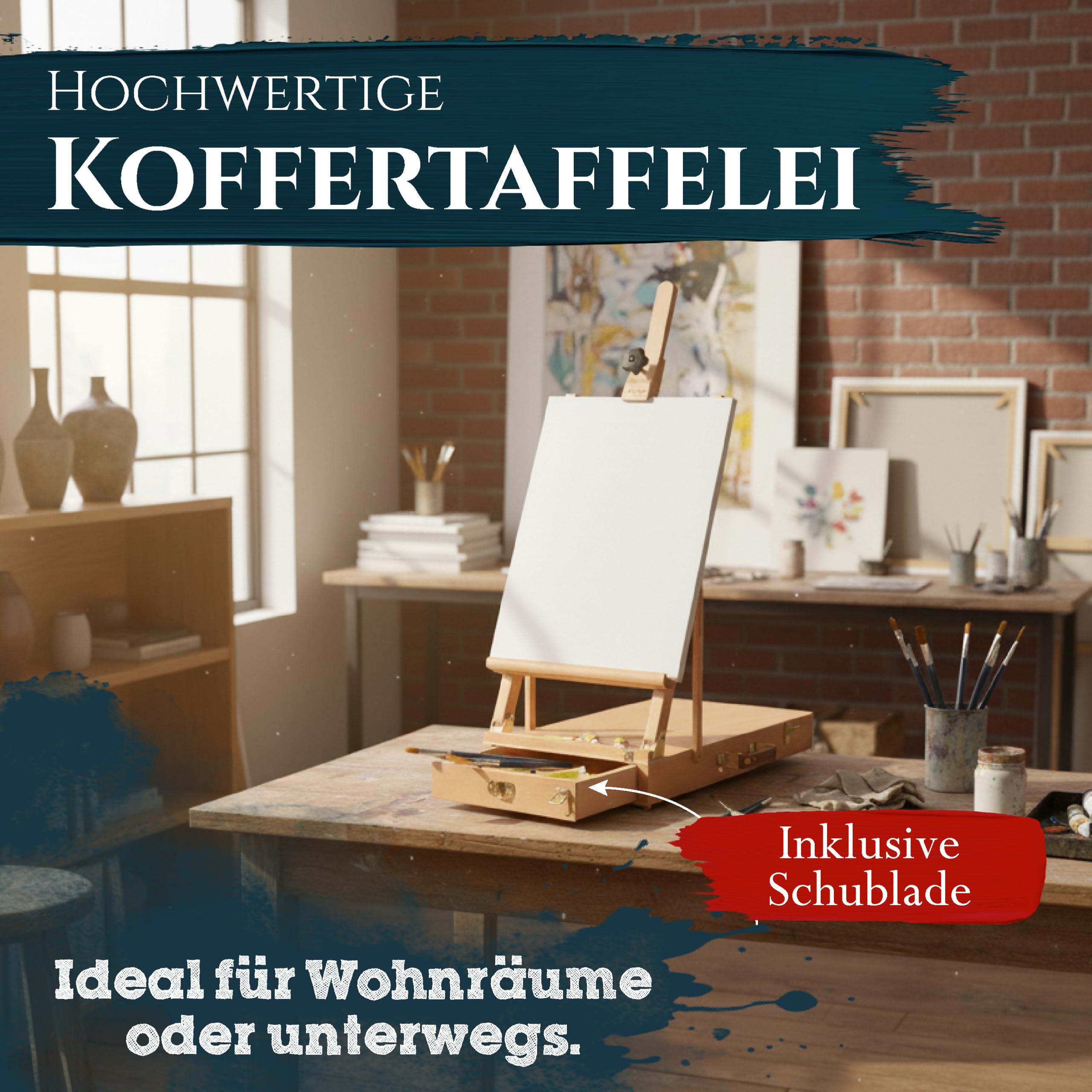 Artina Kofferstaffelei Tischstaffelei für Keilrahmen bis 56cm Zeichenbrett | Holzstaffelei Buche Malkoffer mit verstellbarem Neigungswinkel Künstlerkoffer Schublade Staffelei Tisch Holz Le Mans