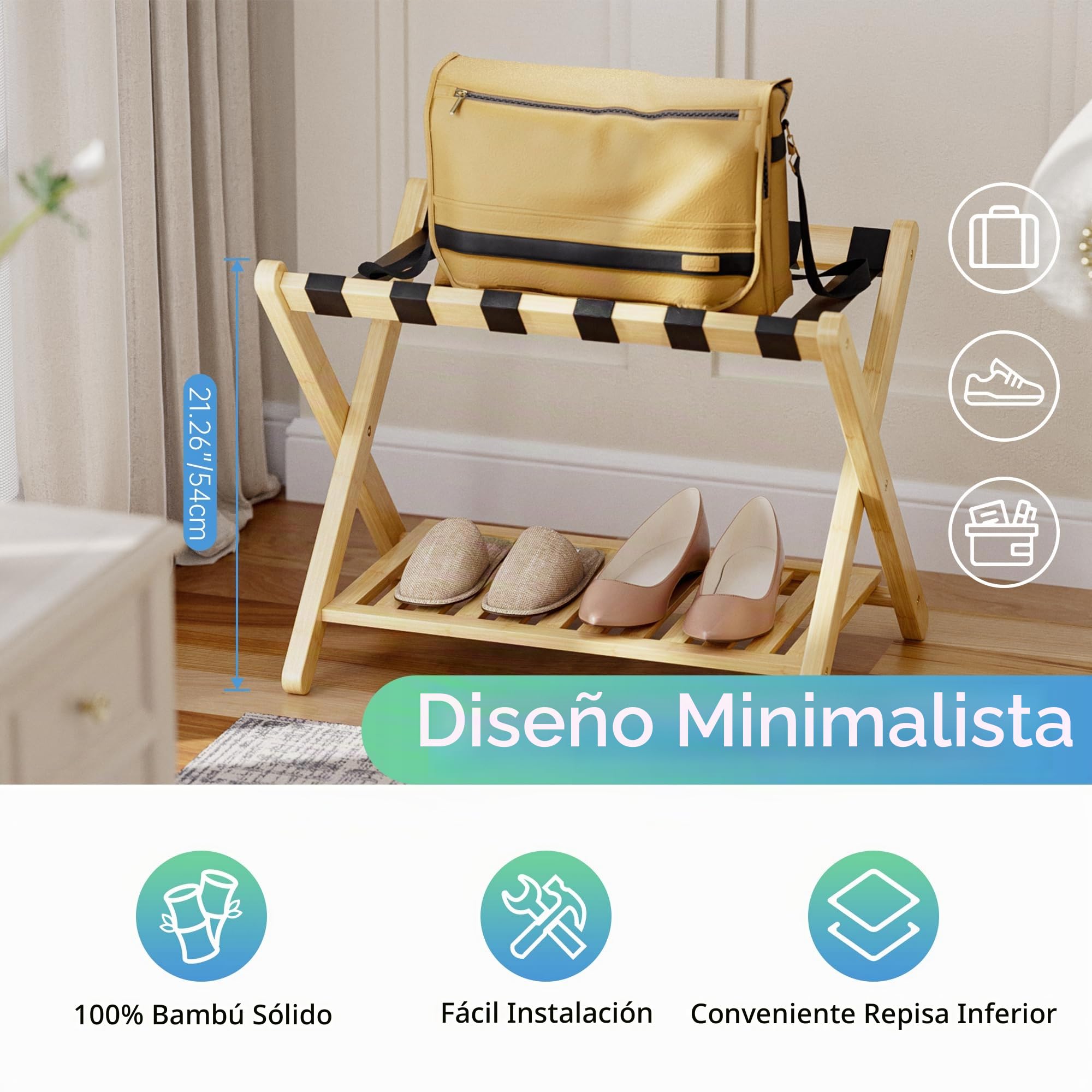 SMIBUY portaequipajes, plegable para maleta de bambú con estante de almacenamiento para habitación, dormitorio, hotel, servicio pesado (natural y negro)