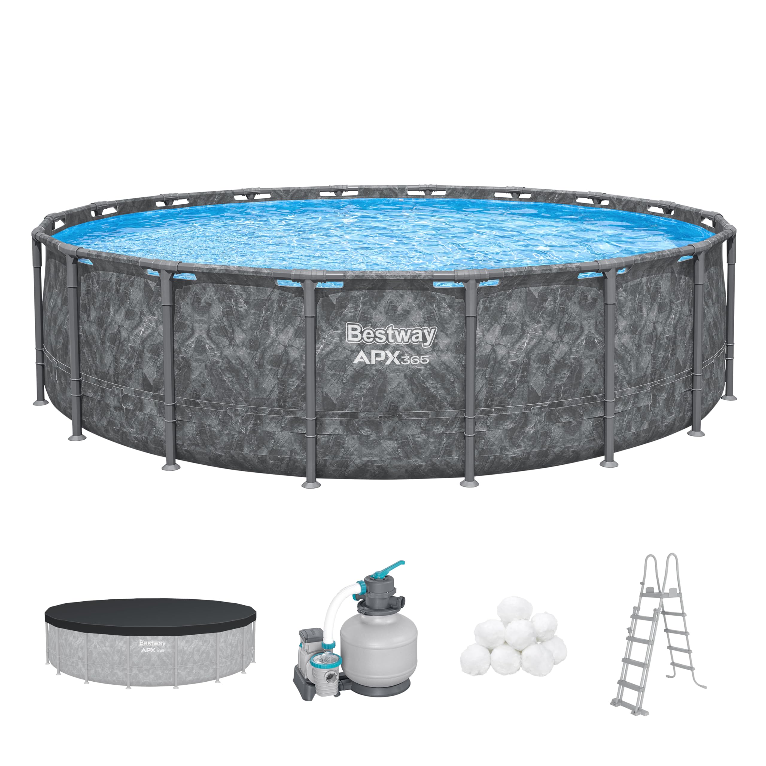 Bestway APX365 Winterfestes Frame Pool Set, Ø 549 x 132 cm, 26.000 L, Sandfilteranlage, Marmor-Optik, Ganzjahresschutz, Kein Abbau nötig, Werkzeugloser Aufbau, Sicherheitsleiter, Abdeckplane