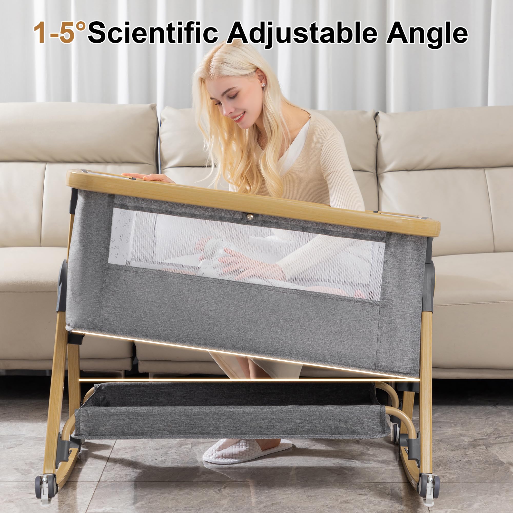 YAZOCO Culla neonato, lettino portatile con materasso, da neonato a 9kg, altezza e inclinazione regolabili, 4 ruote con blocco, fissaggio al letto dei genitori, arioso letti (Versione alta grigio)
