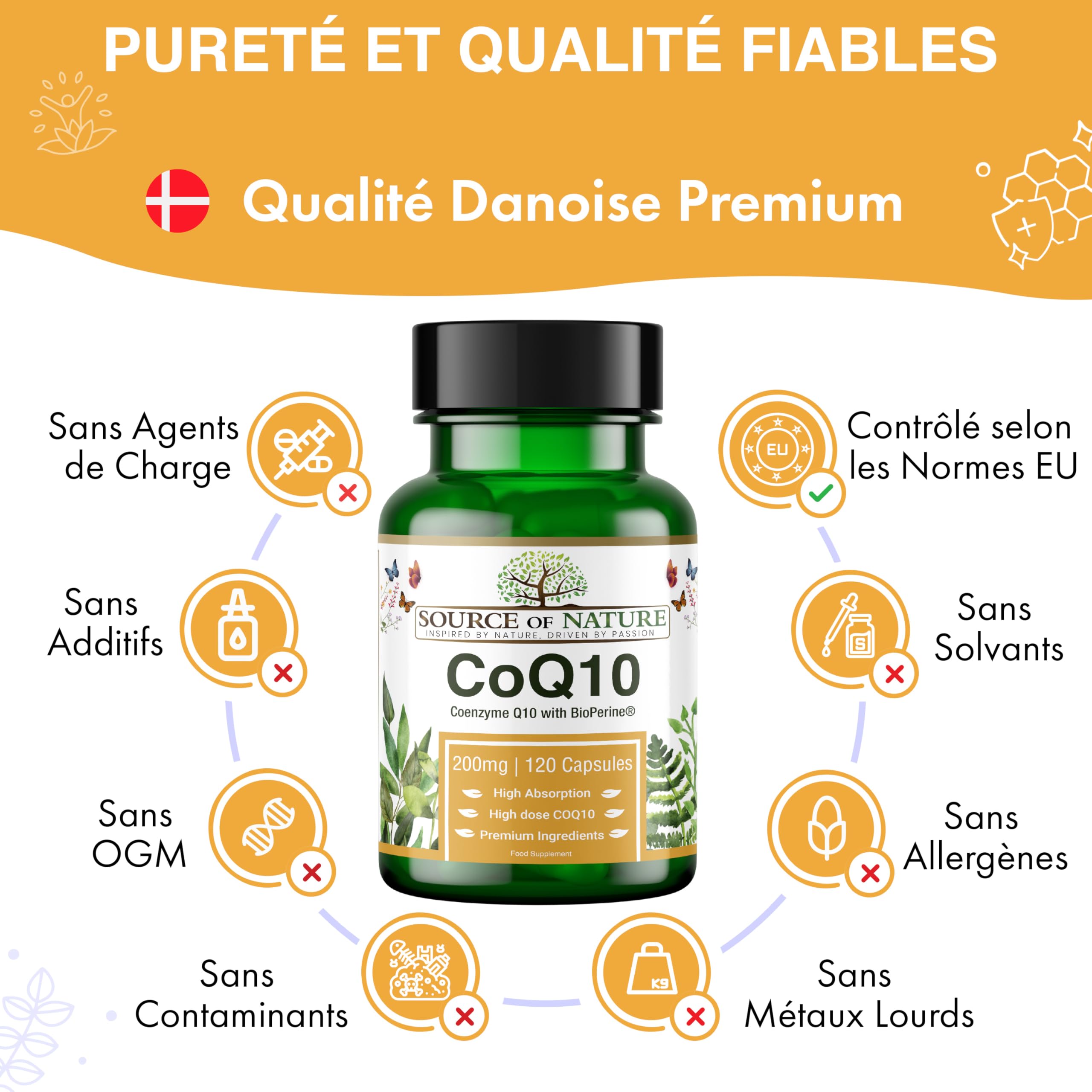 Source of Nature® | CoQ10 200mg | 120 Gélules | Approvisionnement de 4 mois | Haute dose | Coenzyme Q10 pur à 99% | Naturellement fermenté | Avec BioPerine® pour l'absorption | Végétalien