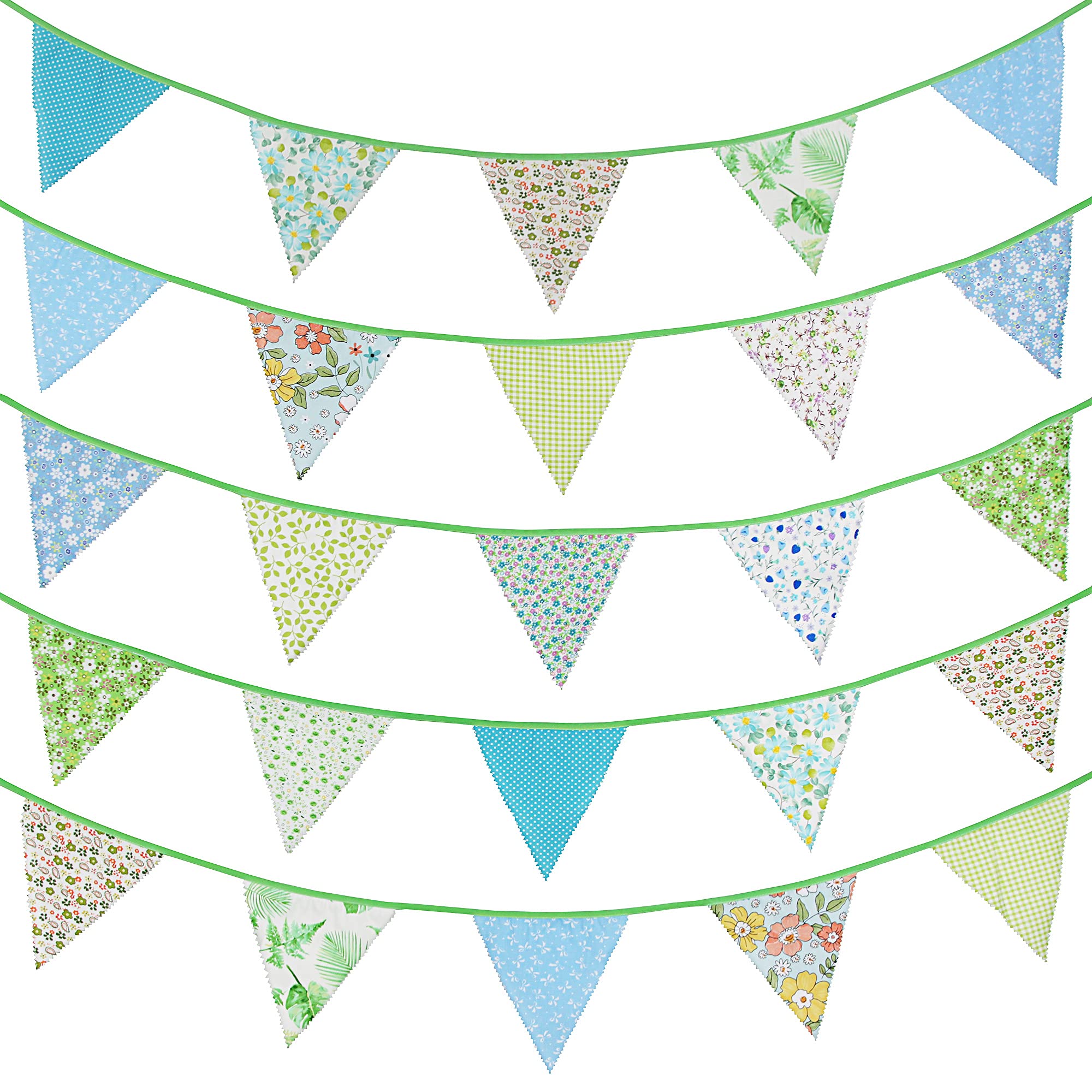 G2PLUS 12M Floral Fabric Bunting Banner,19x21CM Large Reusable Cotton Triangle Flag Garland with 42PCS Decoration Floral Pennants for Garden Tea Wedding Baby Shower Birthday Parties-Green
