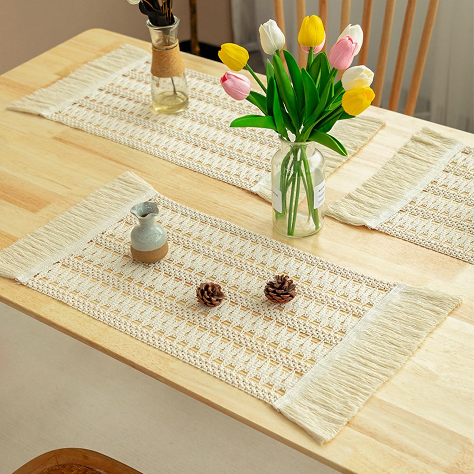 Platzset 6 Stück, Tischset Abwaschbar aus Baumwolle Jute Rechteckig Geflochten Form Im Böhmischen Stil mit Quaste, Platzdeckchen für Innen Küche 45x30 cm