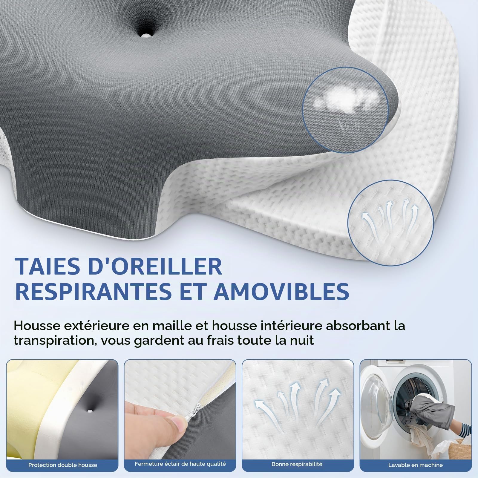 Ehomfory Oreiller Ergonomique Cervical 2 en 1 Oreiller Memoire Forme pour la Nuque, Coussin pour Dormir sur Le côté, Le Dos et Le Ventre, Gris