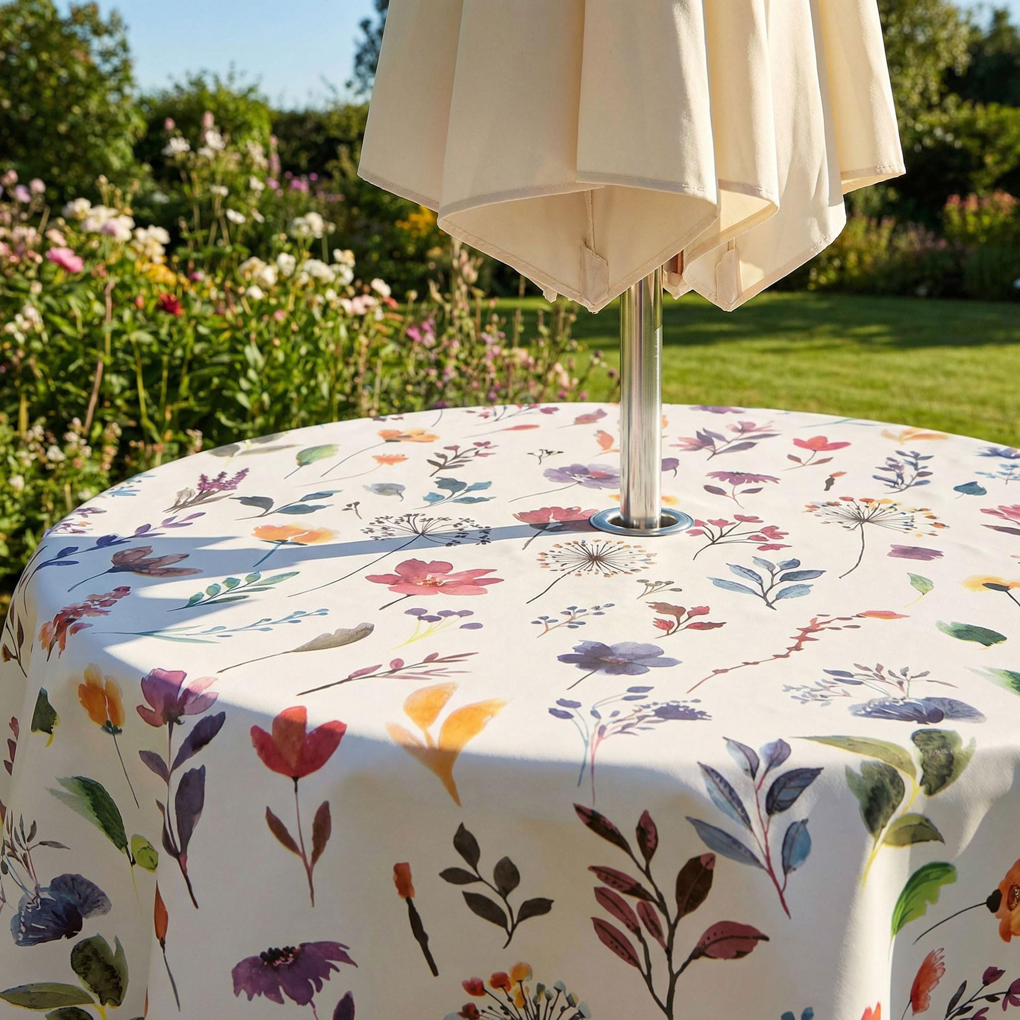 QPC Direct Wipe Clean Waterproof Outdoor Garden Tablecloth with Parasol Hole (Tall Flowers Multi, Round 135cm Diameter) โ image 1