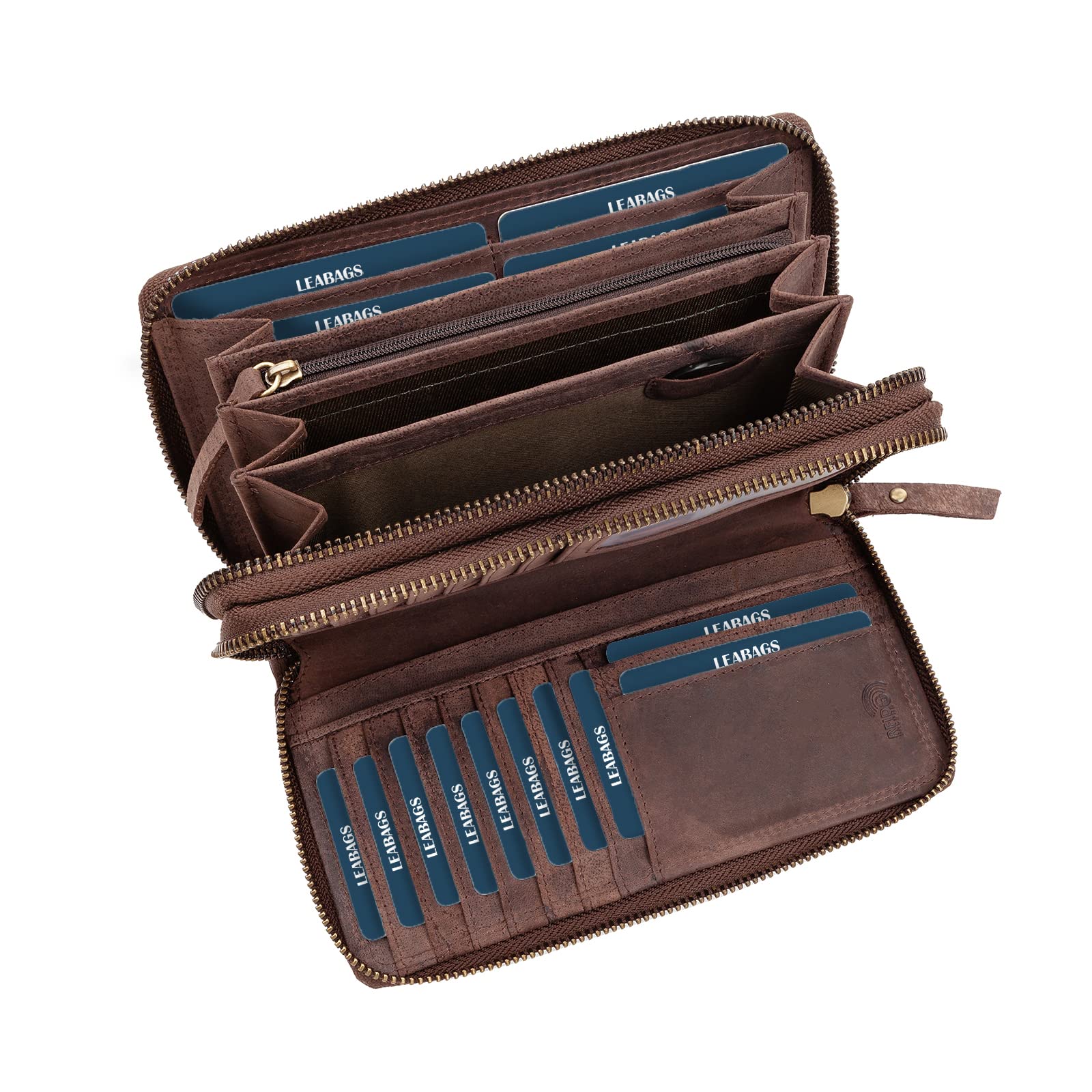 LEABAGS Leder Geldbörse Damen - Portemonnaie Gross mit RFID Schutz, Echtleder XXL Geldbeutel Damen Groß, 29 Kartenfächer Portmonee mit Münzfach, Doppelter Reißverschluss（ Nature Dunkelbraun）