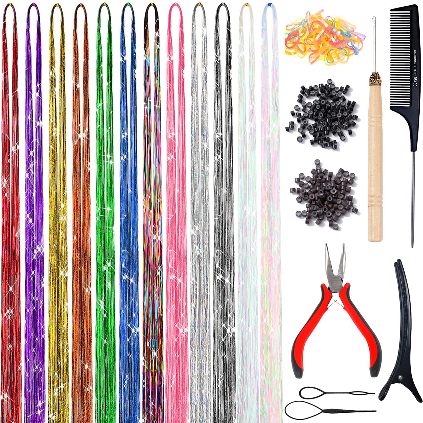 hair tinsel kit, 47 Inches fairy hair extensions with Tool, heat resistant, hair feathers for Women Girls, hair glitter for Christmas Halloween Cosplay Party (12 Mixed Colors/2400 Strands)