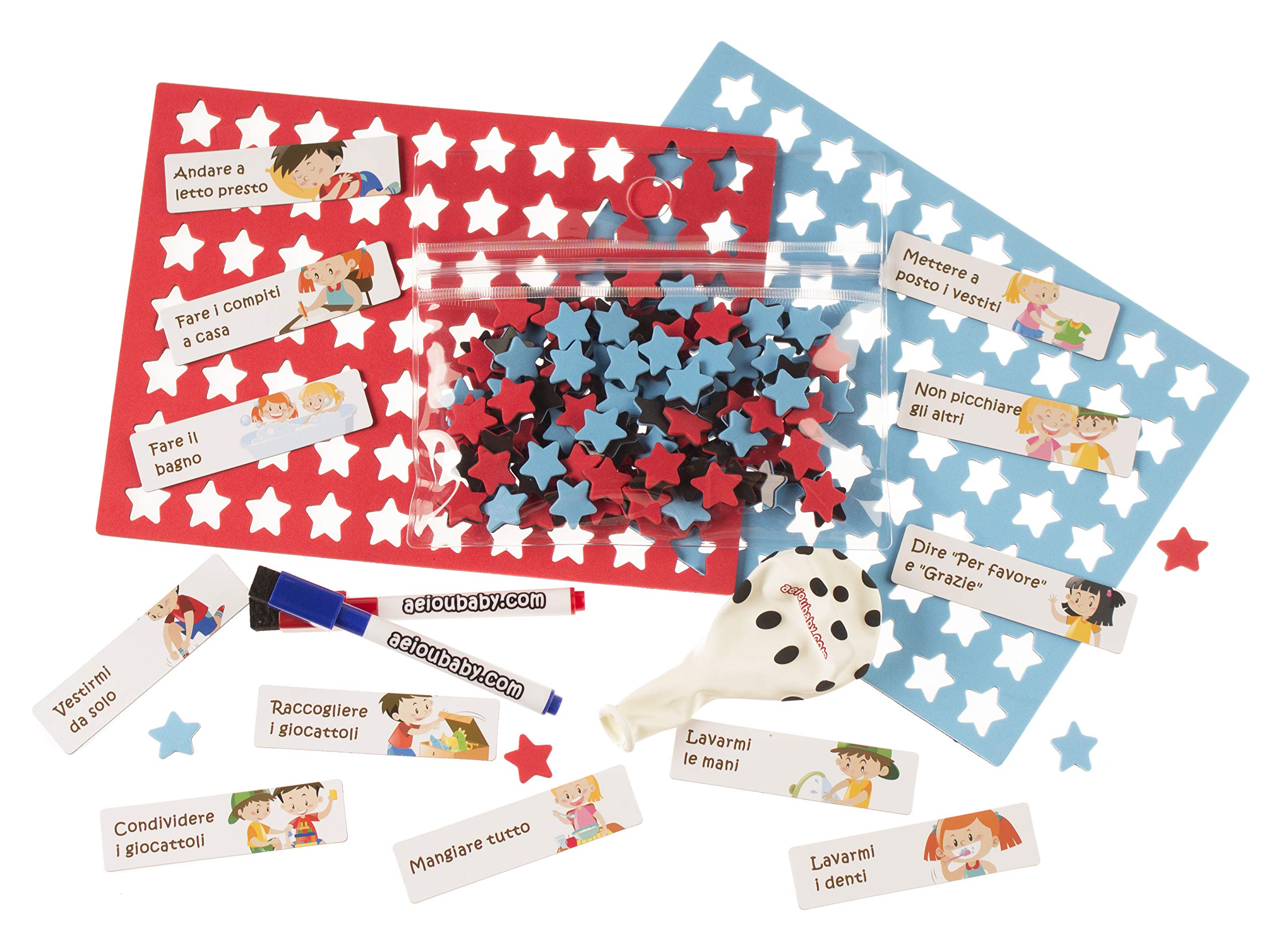 TABELLA DELLE RICOMPENSE Magnetica Grande | Lavagna dei Rinforzi per Parete o Frigorifero, 43x32 cm 22 Attività, 2 Pennarelli e 1 Palloncino | Scatola regalo per bambini e compleanni (Italiano)