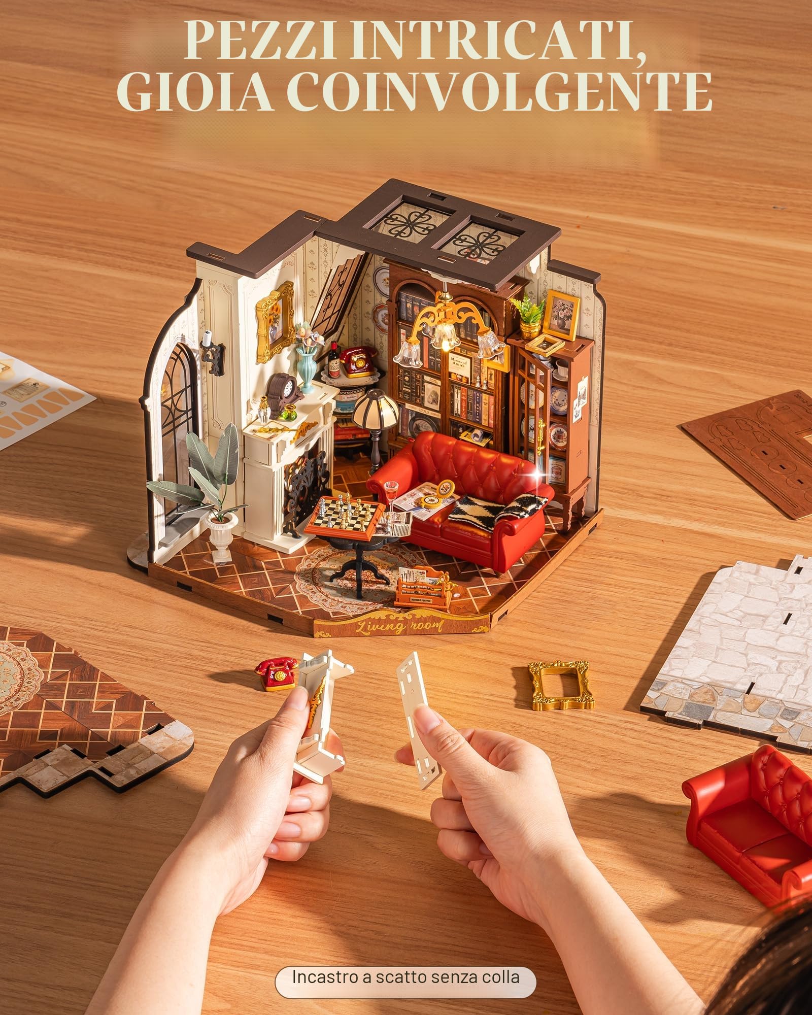 ROBOTIME Kit Casa delle Bambole in Miniatura Catherine’s Living Room, Kit Modello in Legno con Luci LED, Miniature da Costruire per Adulti, Regalo Creativo Vintage per Donne e Ragazze