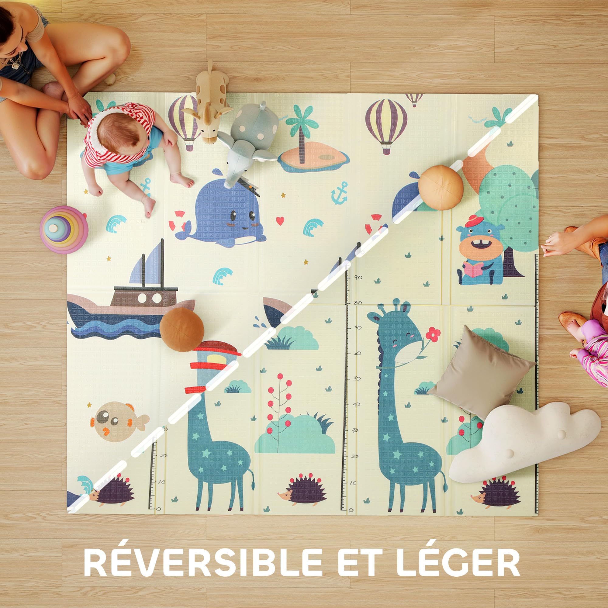 AIYAPLAY Tapis de Jeu pour Bébé Pliable Cerf et baleine 196x176x1,5cm | Réversible, Tapis de Sol en Mousse Épais, Antidérapant, Imperméable, Développement Sensoriel