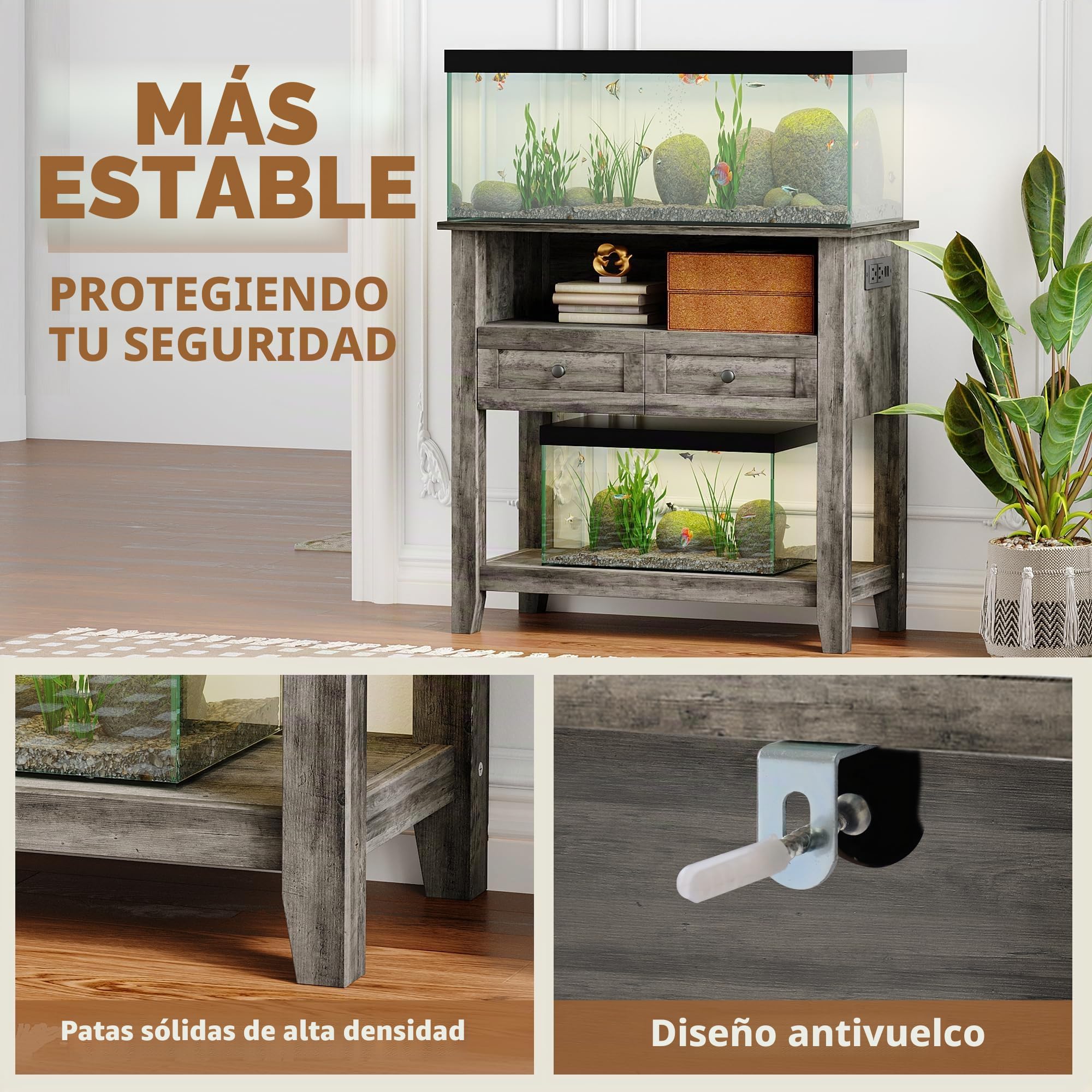 Mueble para acuario 20-29 galones con estación de recarga - Soporte robusto 300kg - Cajones y estantes abiertos - Soporte para sala de estar - Color gris