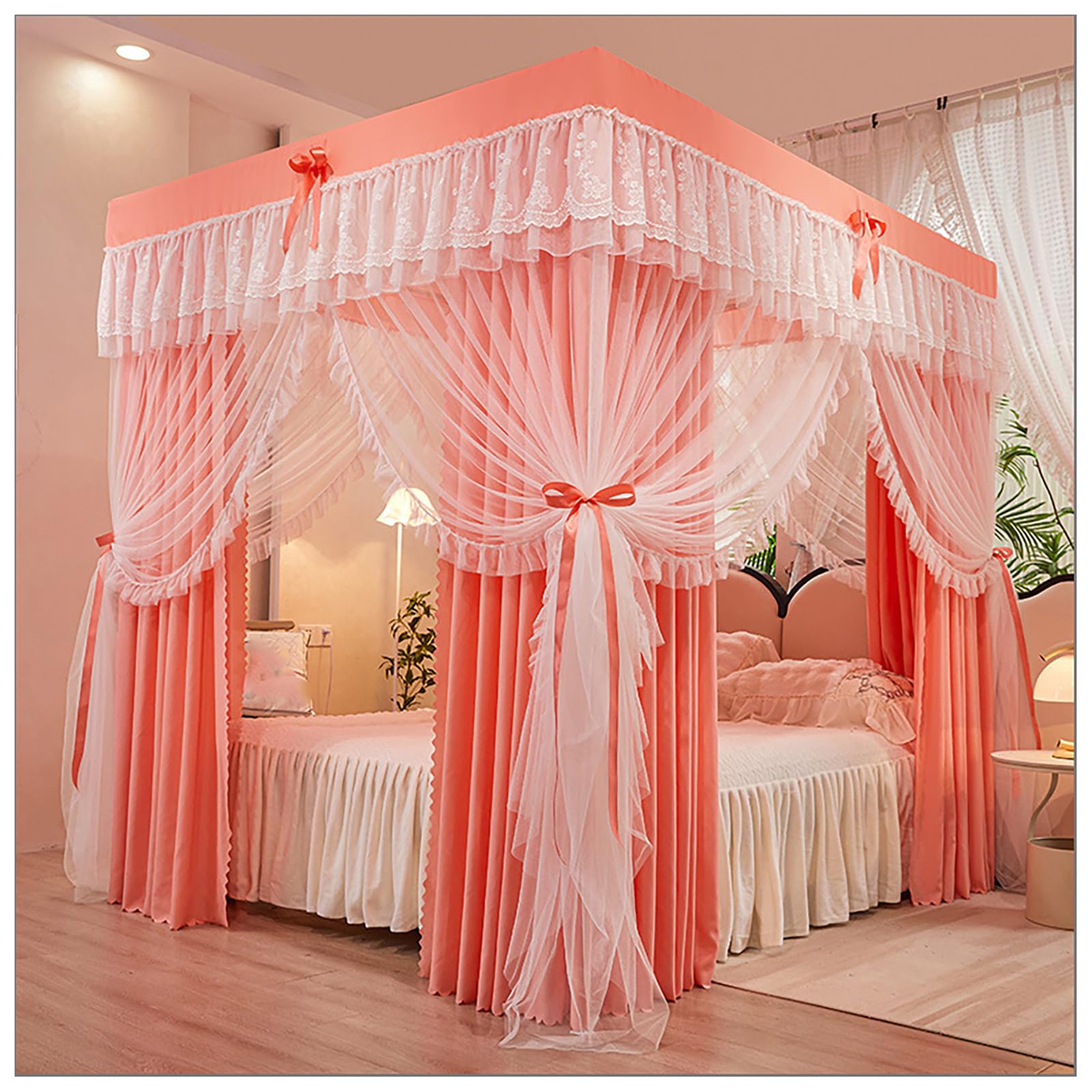DOUZIO 4 Poster Bed Canopy with Frame – Princess Canopy for Girls Bedroom Decor, Mosquito Net Bed Canopy Set with Curtains, Fits Double/King/Super King Size Bed(Size:180×220cm,Color:Pink-A)