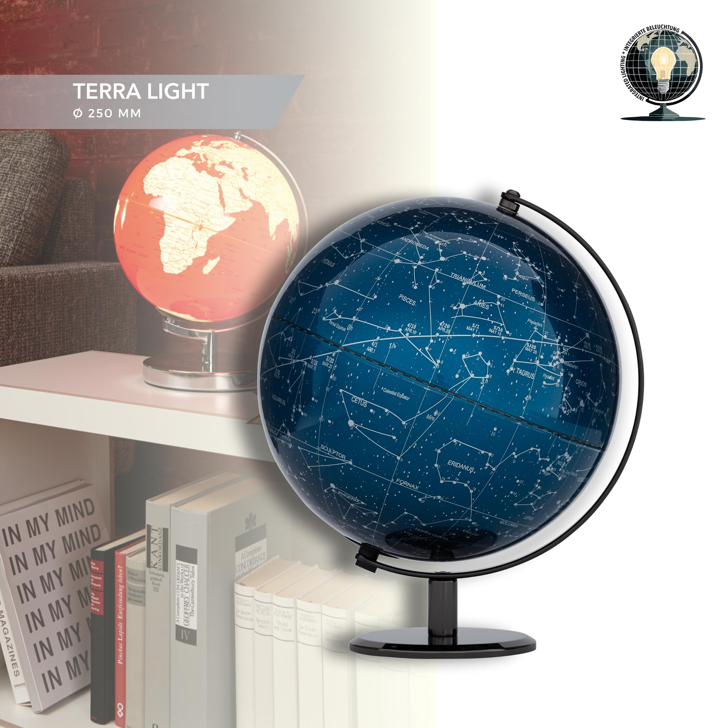 TROIKA Globus beleuchtet  25 cm TERRA LIGHT Licht LED Globus blaue  Sternkarte & Sternzeichen, verchromter Metallfu, weicher Filzboden  bewegliche Achse - im hbschen Karton ideal zum Verschenken: Amazon.de:  Spielzeug