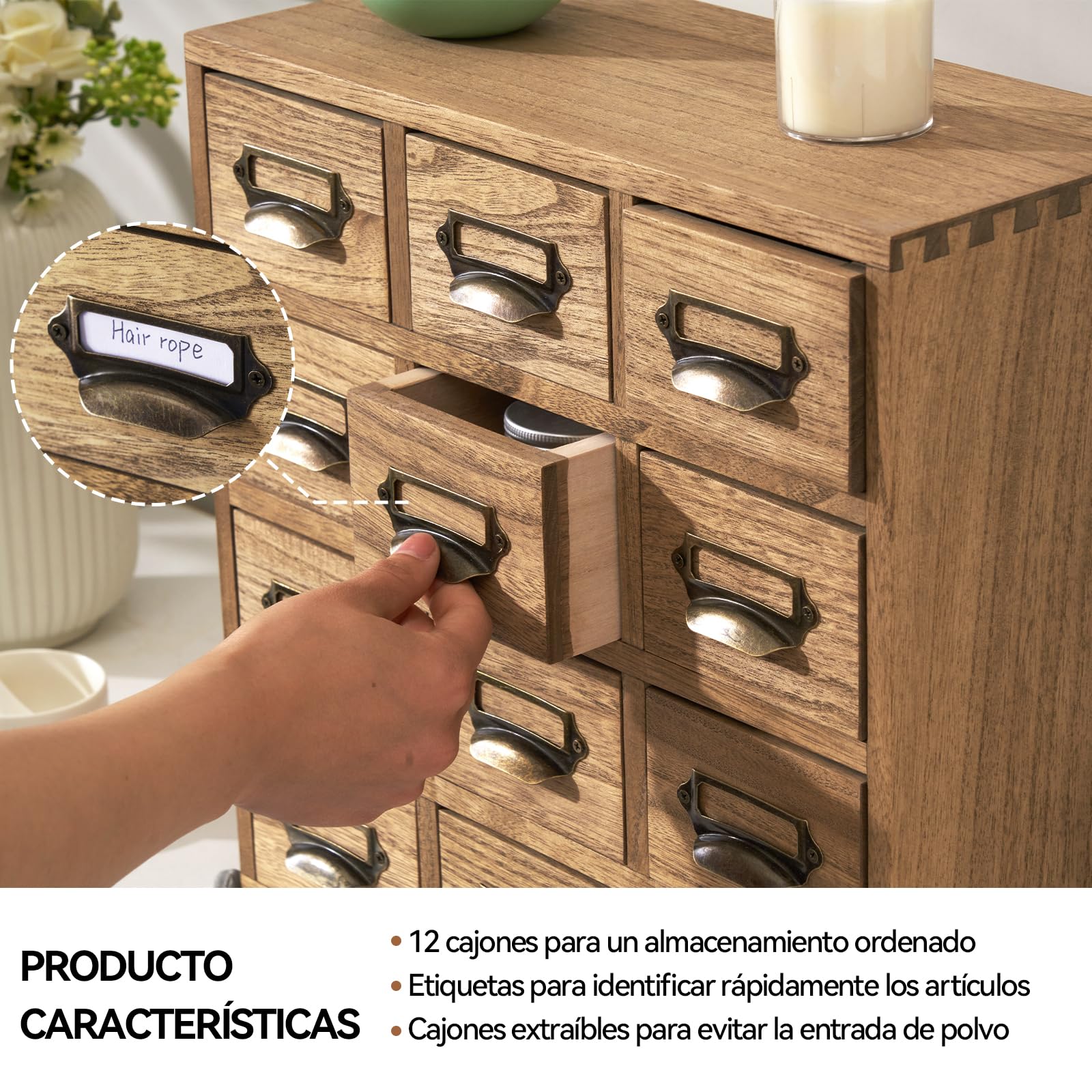 KIRIGEN Cajonera de Madera, Caja de Escritorio, 12 Cajones, Marrón Oscuro | Paulonia maciza; 36 x 16 x 35 cm; tiradores metálicos; clasifica material de oficina y objetos pequeños