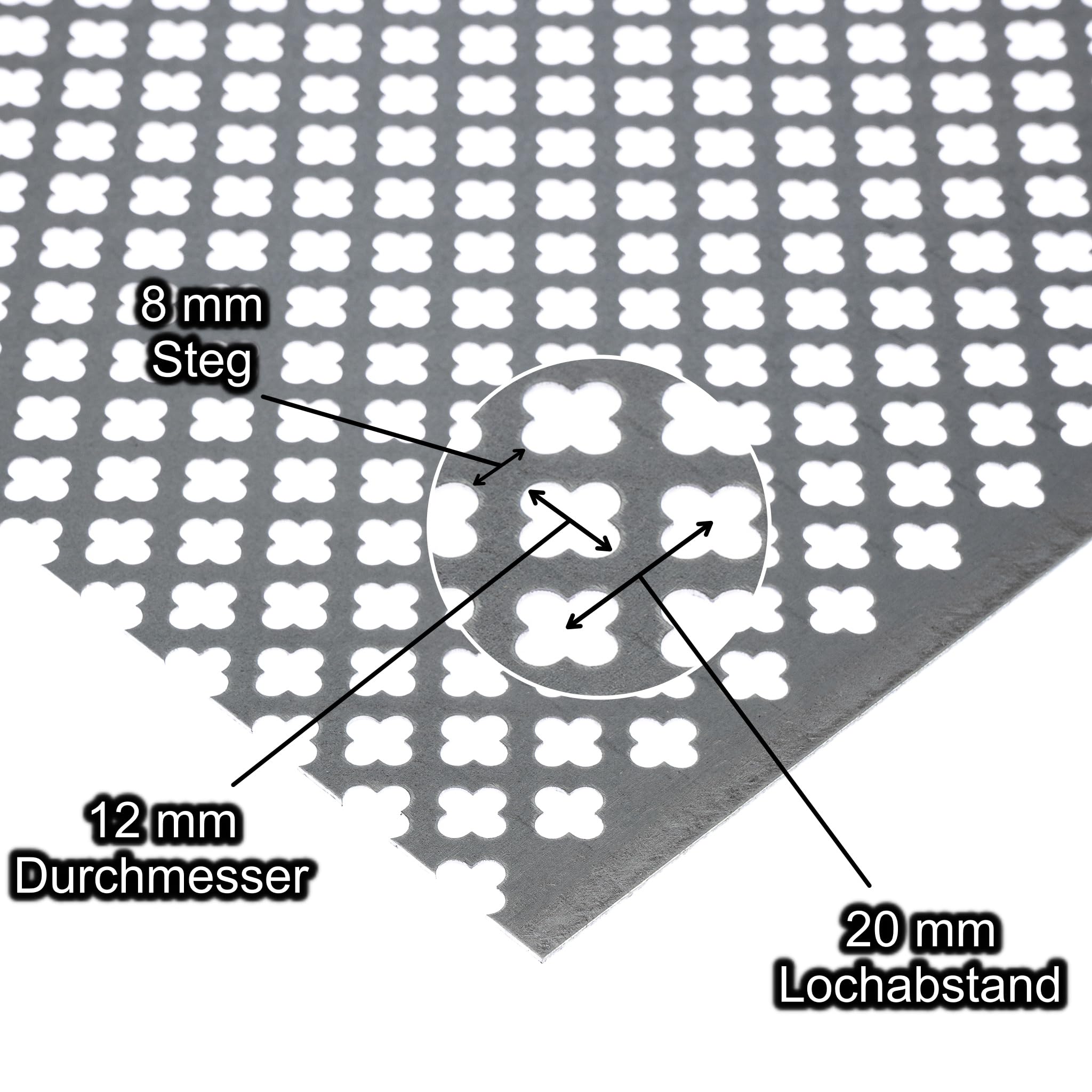 Stahl verzinkt Kleeblatt Lochblech 12-20 Stahl 1mm dick Zuschnitt nach Wunschmaß (1000mm x 500mm)