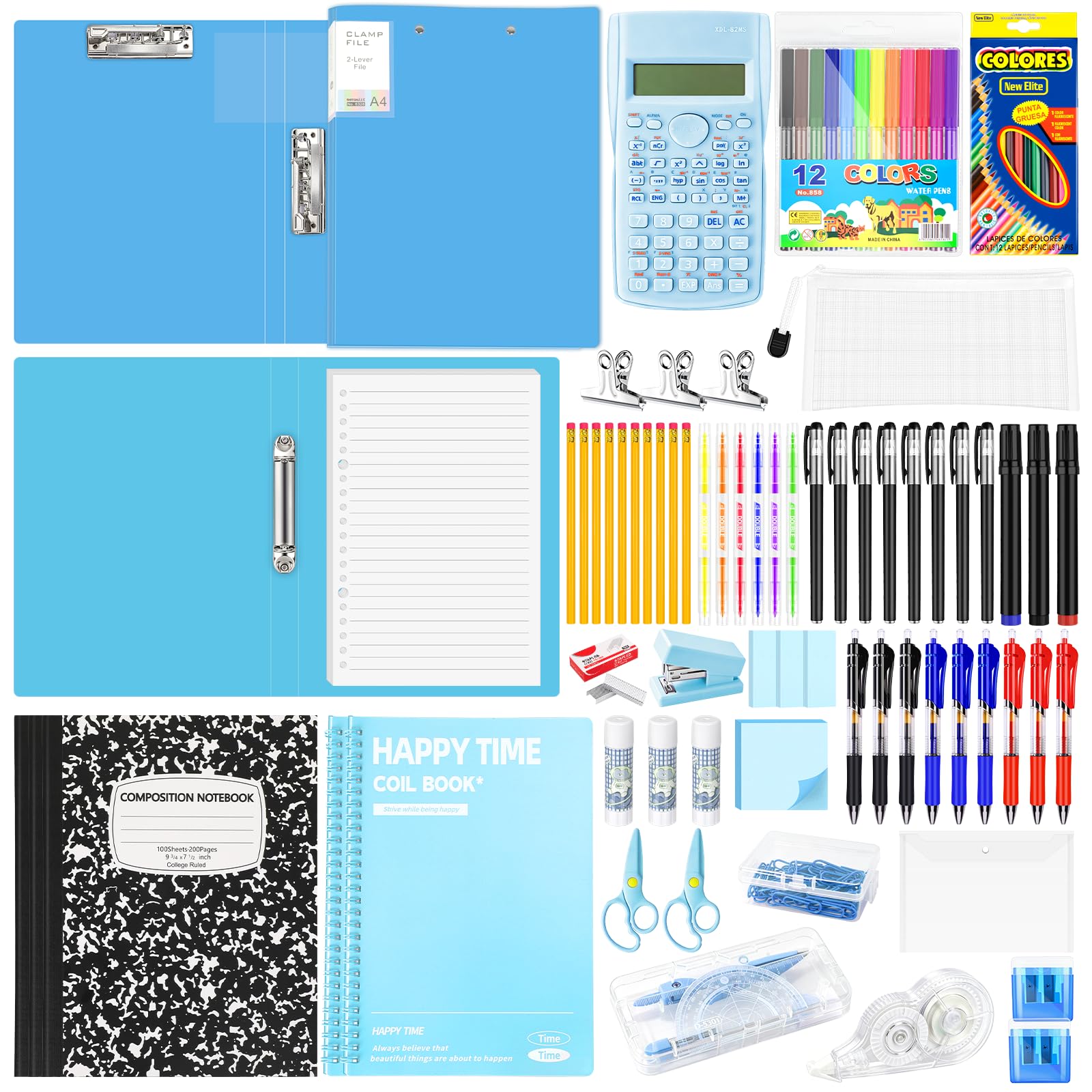 Kit de fournitures pour la rentrée scolaire pour la 7e à la 12e année avec cahiers, dossier, calculatrice, stylos, crayons, notes adhésives et fournitures d'organisation d'étude