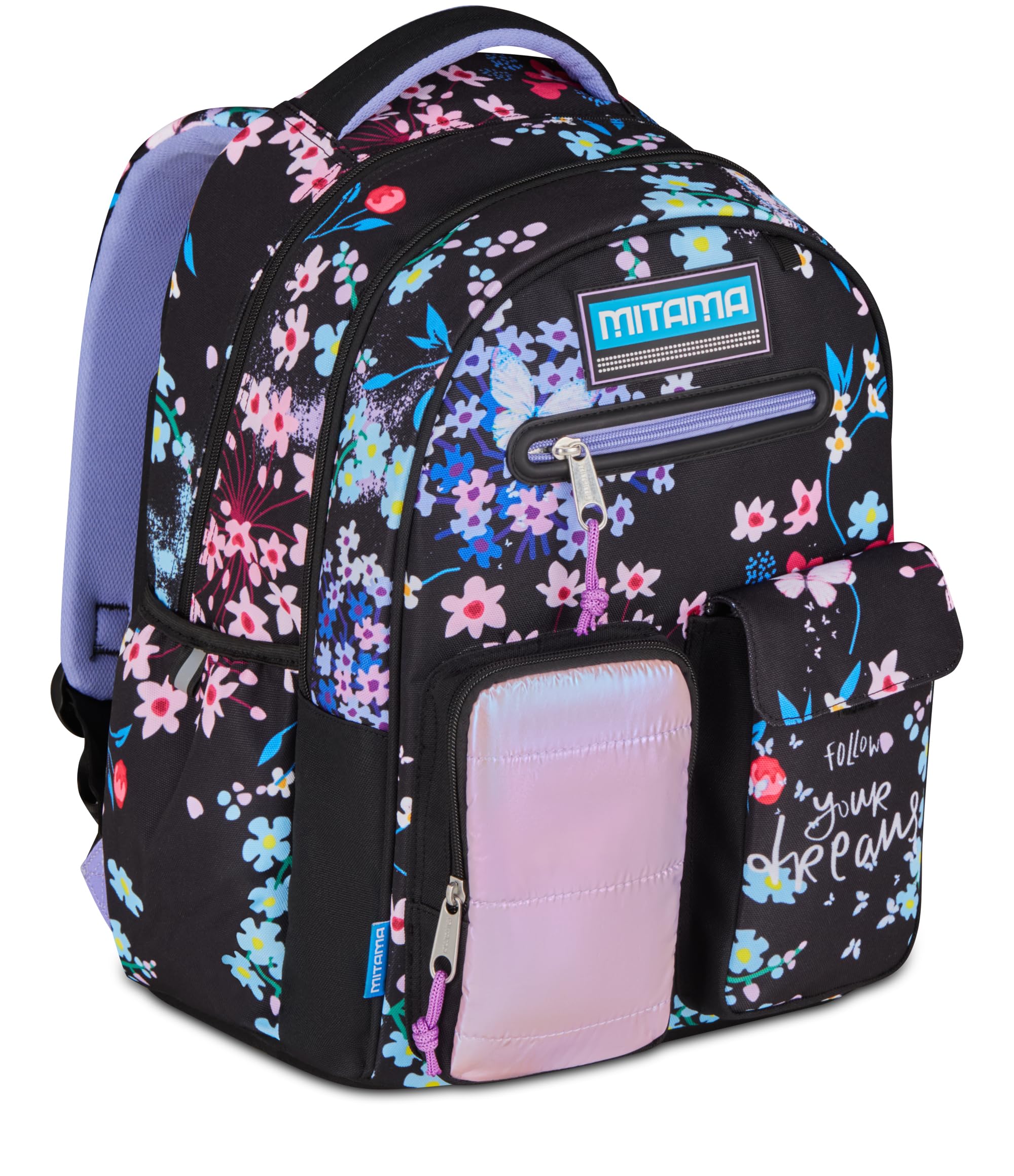 Mitama Zaino Scuola Elementare M-Power TrendyFlowers, Triplo Scomparto, Ragazzi e Ragazze, Tasca Porta Borraccia, Schienale Imbottito, viola