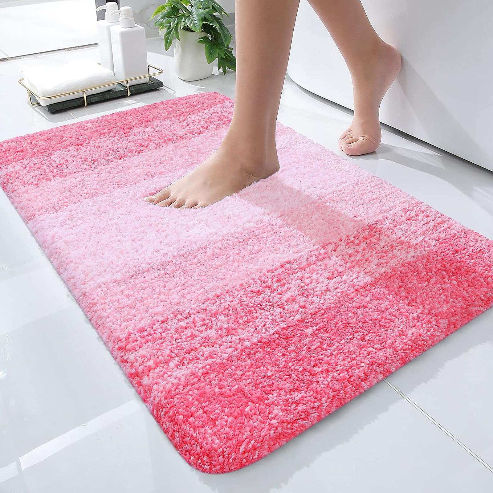 OLANLY Small Bathroom Rugs 24x16, Extra Soft Absorbent Microfiber Bath Rugs | Pink, Non-Slip Quick-Drying Rubber Backing, Machine Washable Plush Bath Mat for Floor, Tub and Shower, Home Decor Accessories
